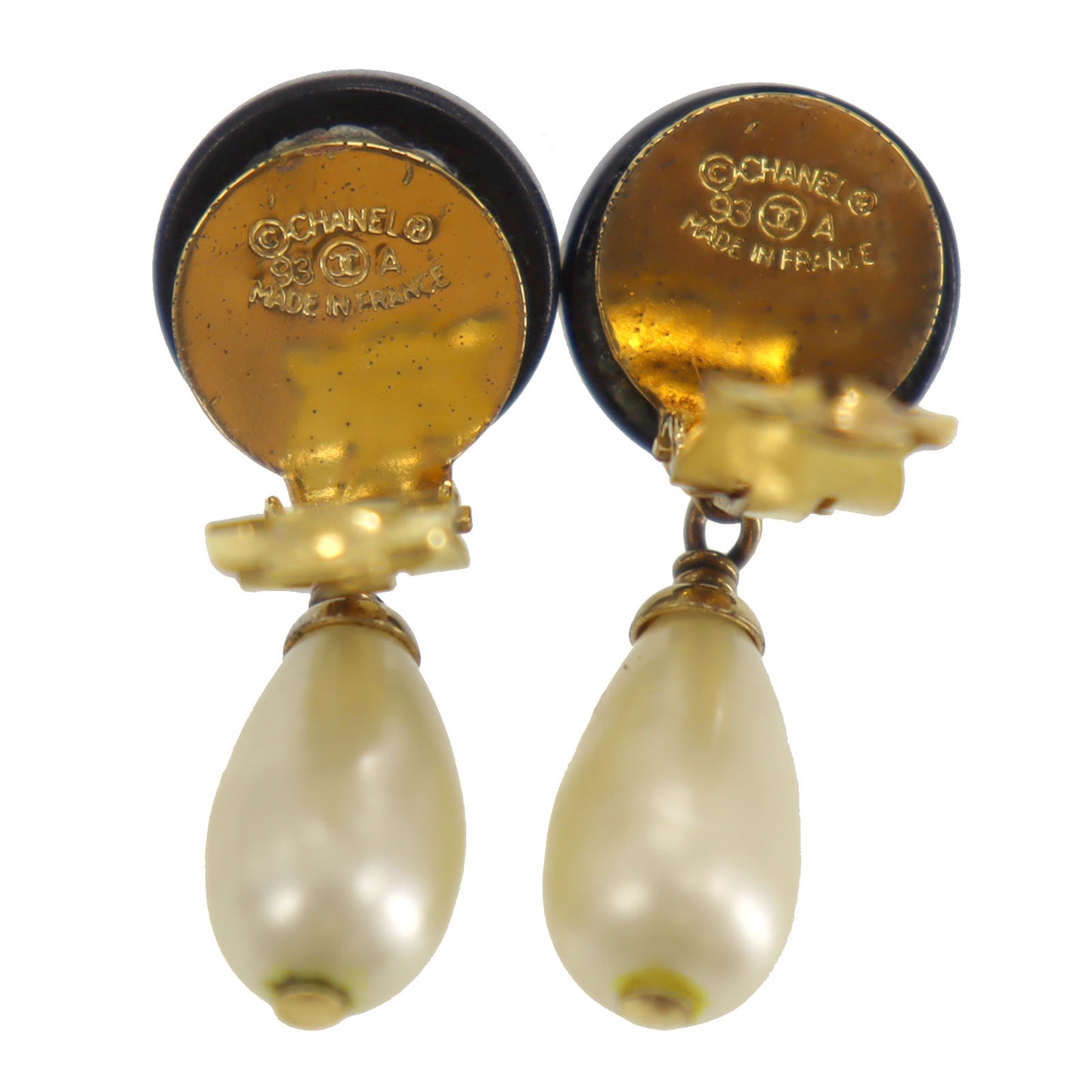 CHANEL CC Logos Pearl Swing Earrings Gold Black Clip-On 93A #CM8