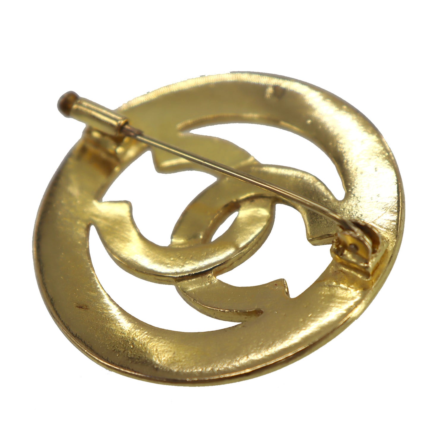 CHANEL CC Logos Circle Pin Brooch Gold Plated Black #CG390