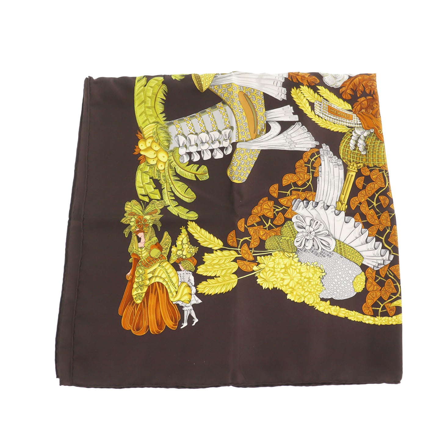 HERMES Carre 90 Logos Botanical Hat Design Silk Scarf Brown #AG543