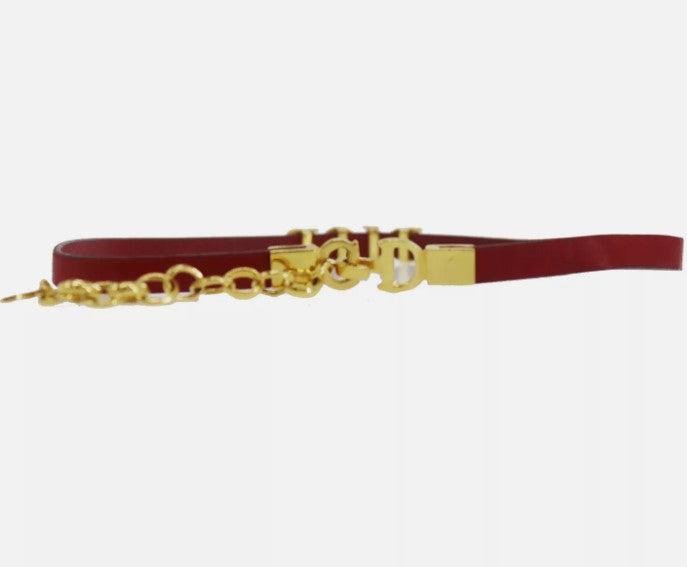 Christian Dior Logo Used Choker Red Gold Leather Gold Plated Vinatge #CU720 S
