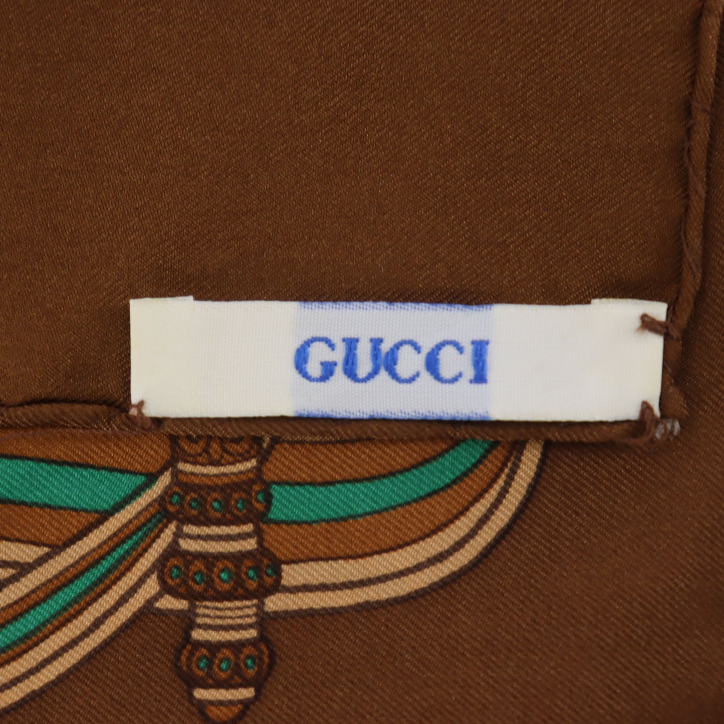 GUCCI Used Badge Motif Scarf Brown Silk Vintage #DA836