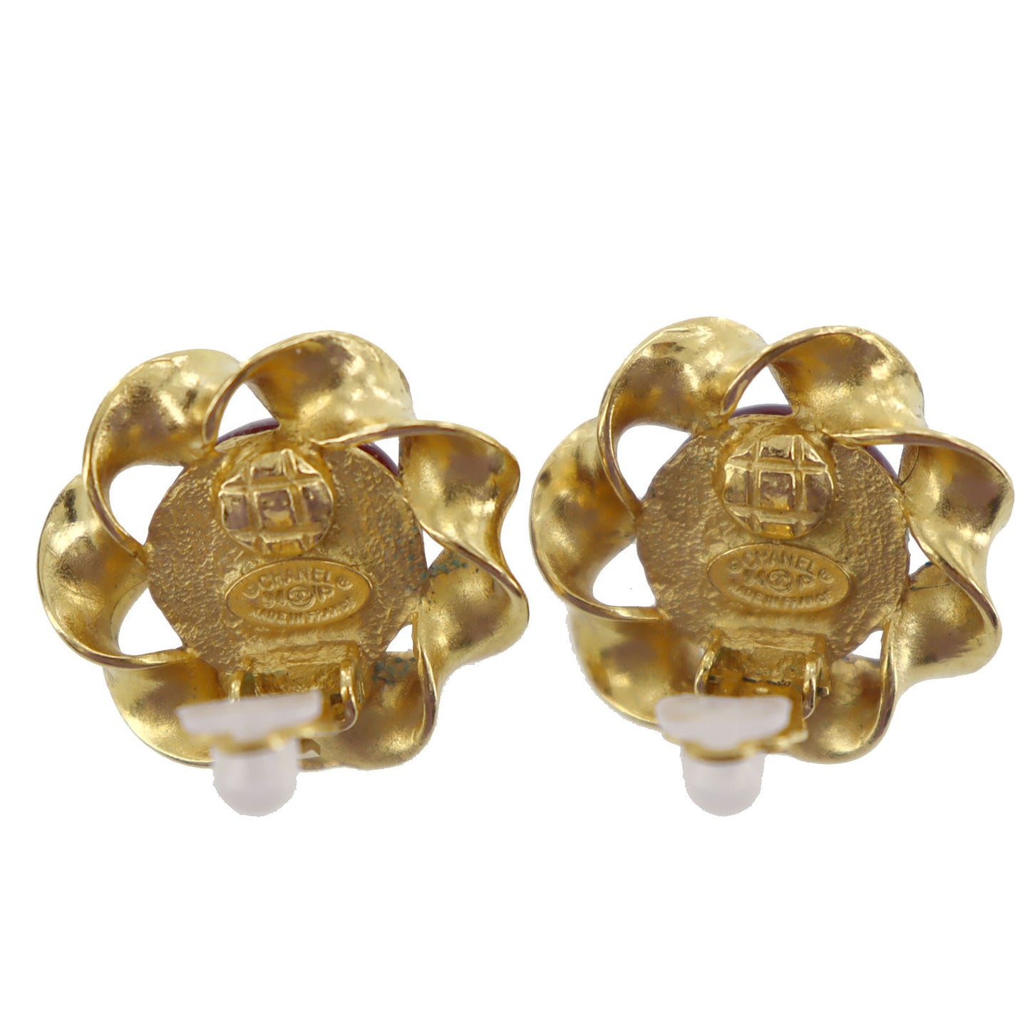 CHANEL CC Logos Spiral Circle Stone Earrings Gold Clip-On #AG839