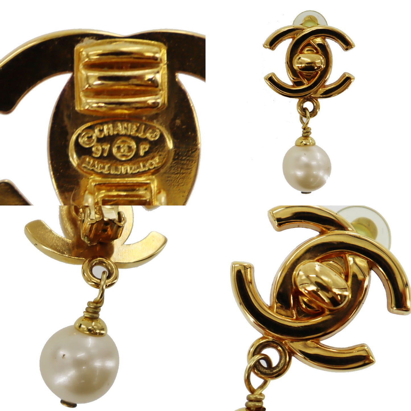 CHANEL CC Logos Pearl Earrings Clip-On 97P #AG5