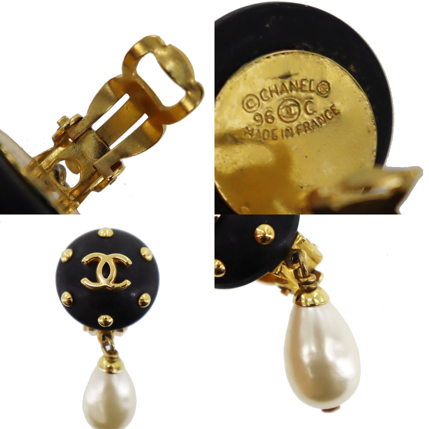 CHANEL CC Logos Pearl Earrings Black Gold Clip-On 96C #BR700