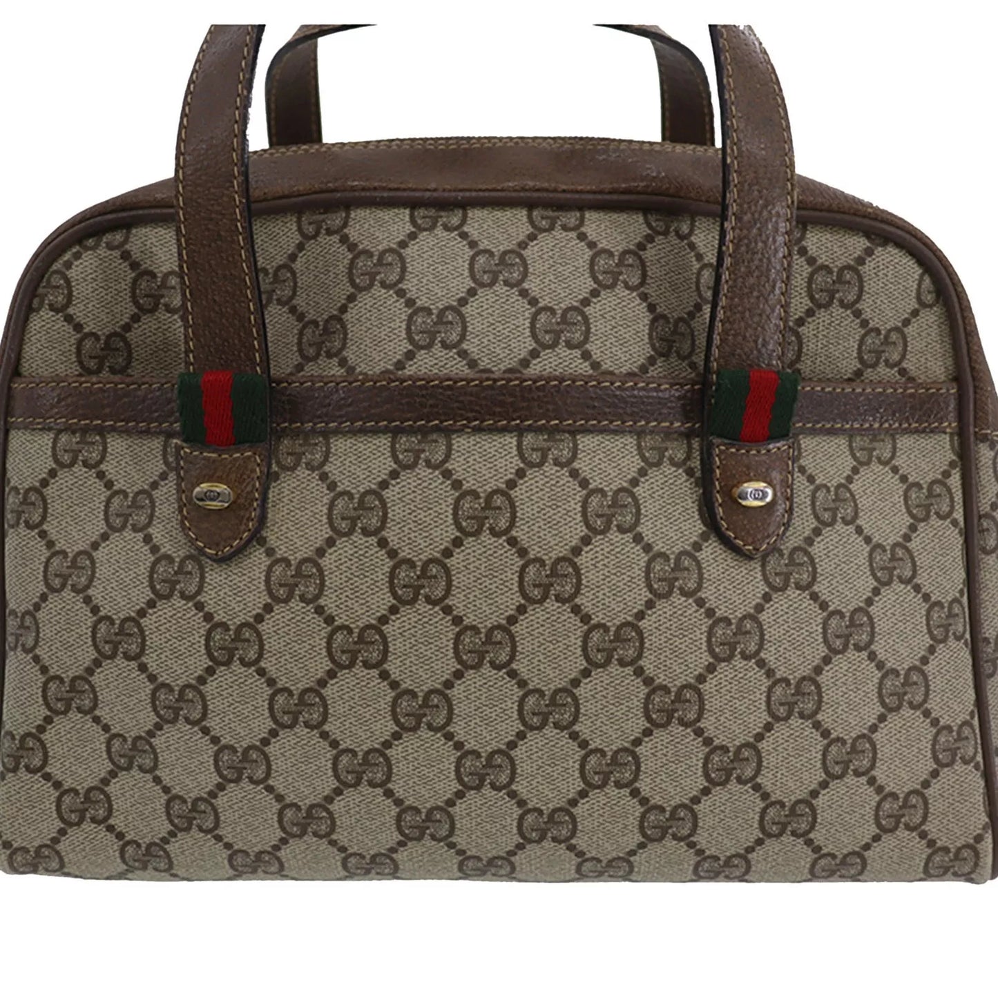 GUCCI GG Plus Web Stripe Handbag Brown PVC Leather Vintage #AG734