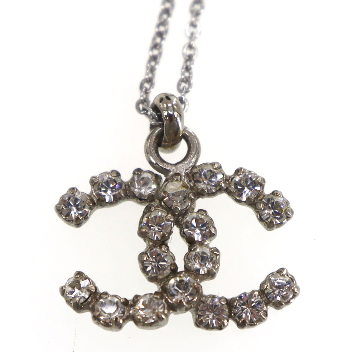 CHANEL CC Logos Chain Necklace Rhinestone Silver Pendant #CO441