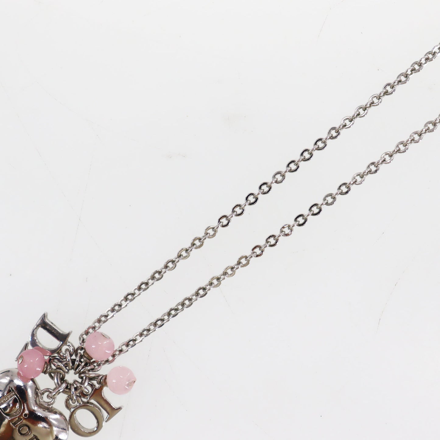 Christian Dior Logos Heart Beads Chain Necklace Silver Pink #ED570