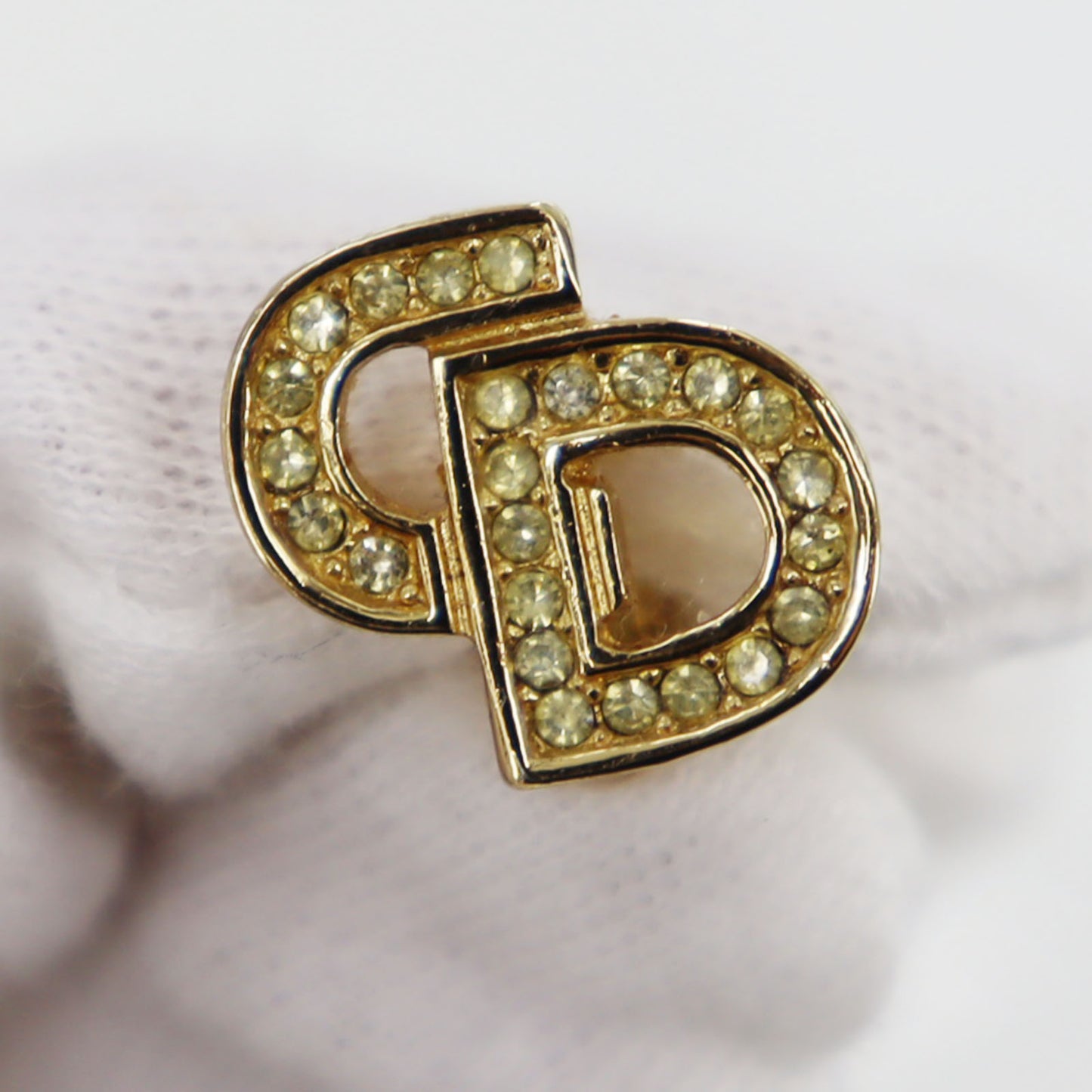 Christian Dior CD Logos Rhinestone Earrings Gold Plated #CB383