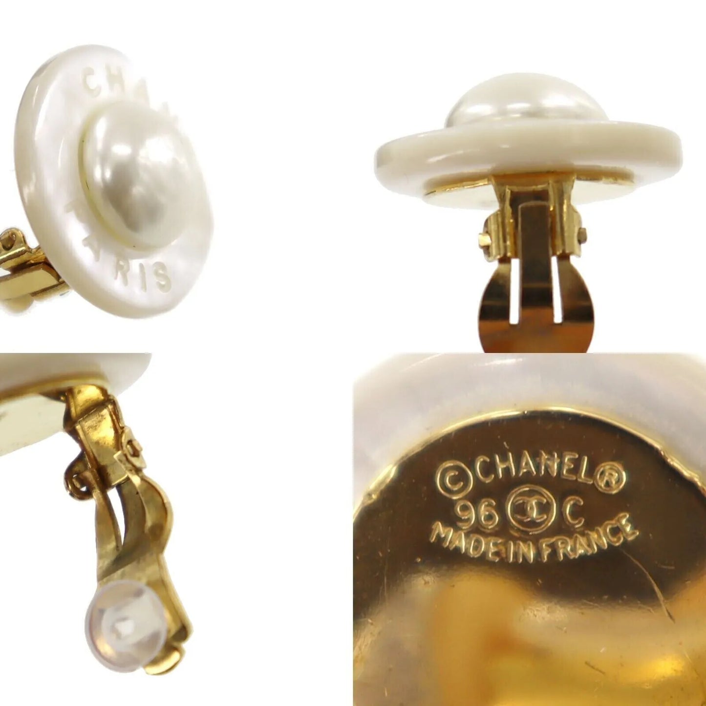 CHANEL CC Logos Circle Earrings White Clip-On 96 C #AF251