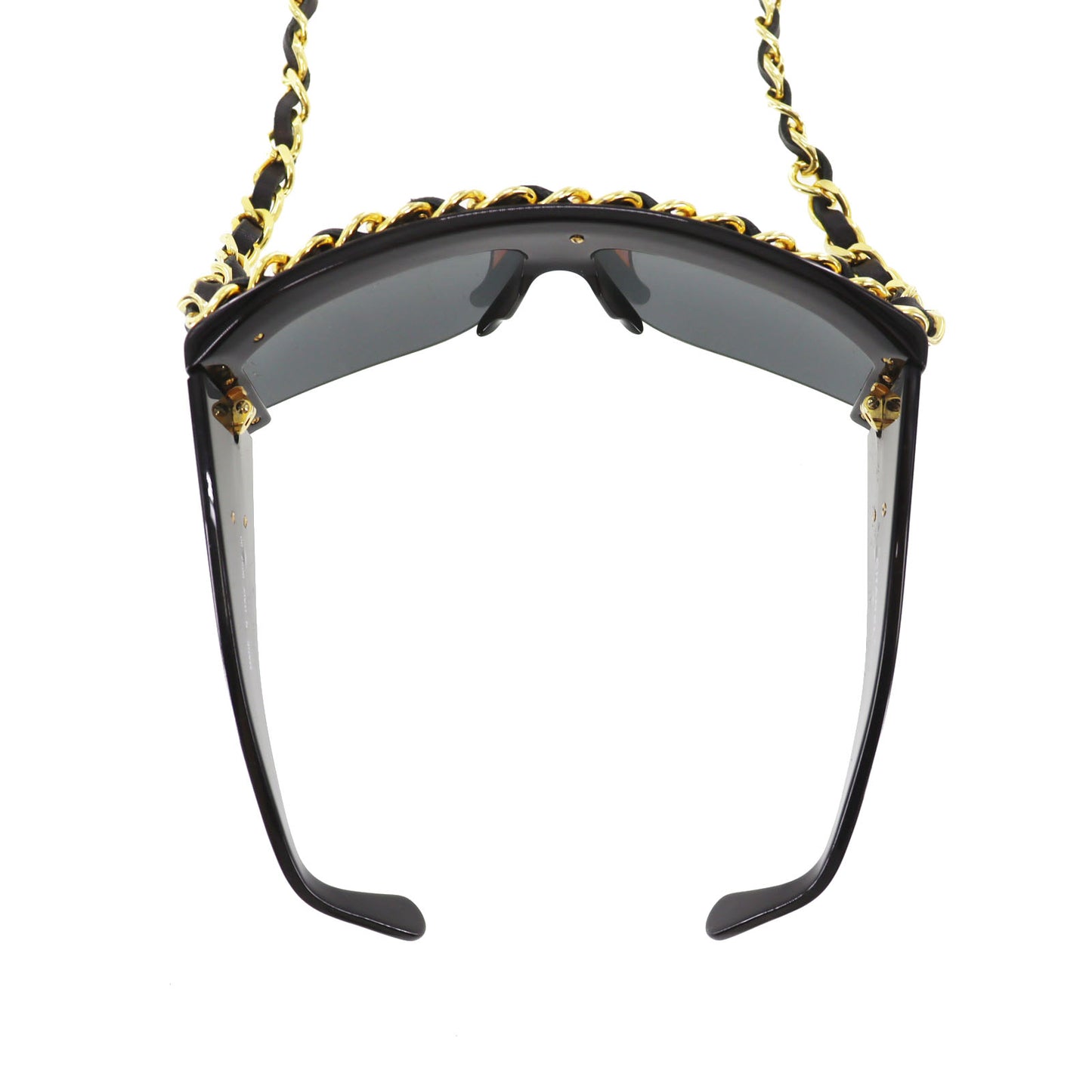 CHANEL Chain Used Sunglasses Black Shield Eye Wear Italy #CU905