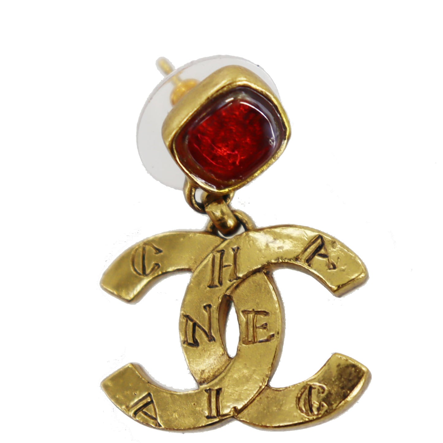 CHANEL CC Logos Red Stone Gold Piercing 99 A #CD793