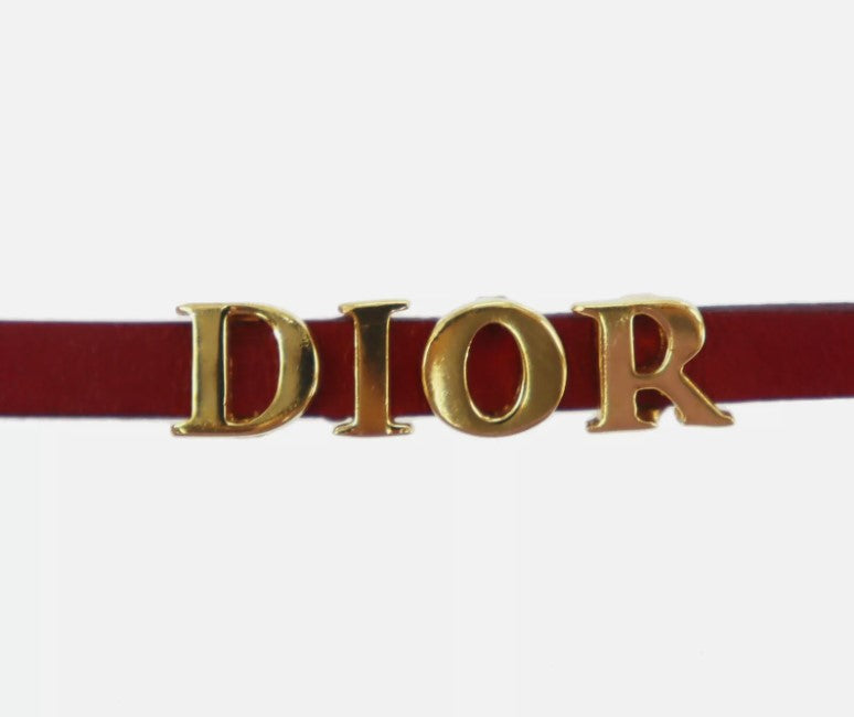 Christian Dior Logo Used Choker Red Gold Leather Gold Plated Vinatge #CU720 S