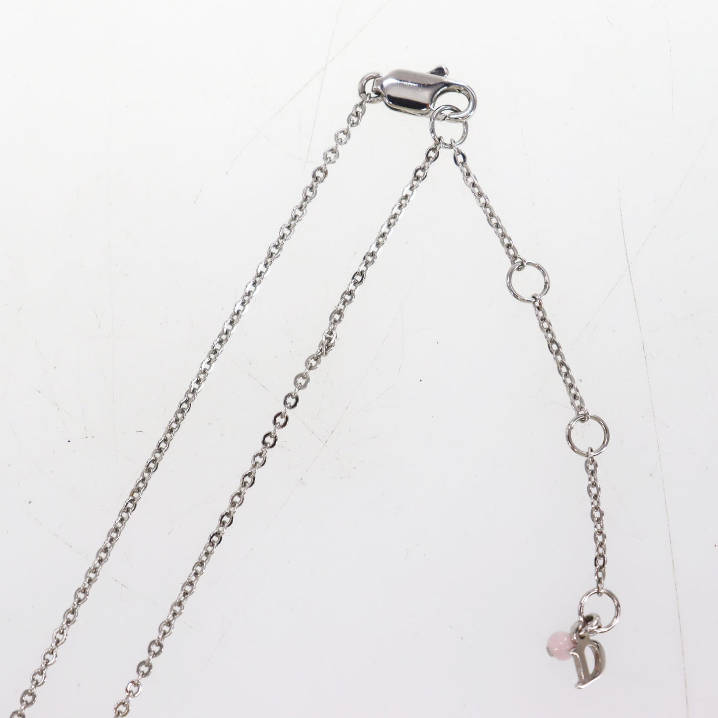 Christian Dior Logos Heart Beads Chain Necklace Silver Pink #ED570