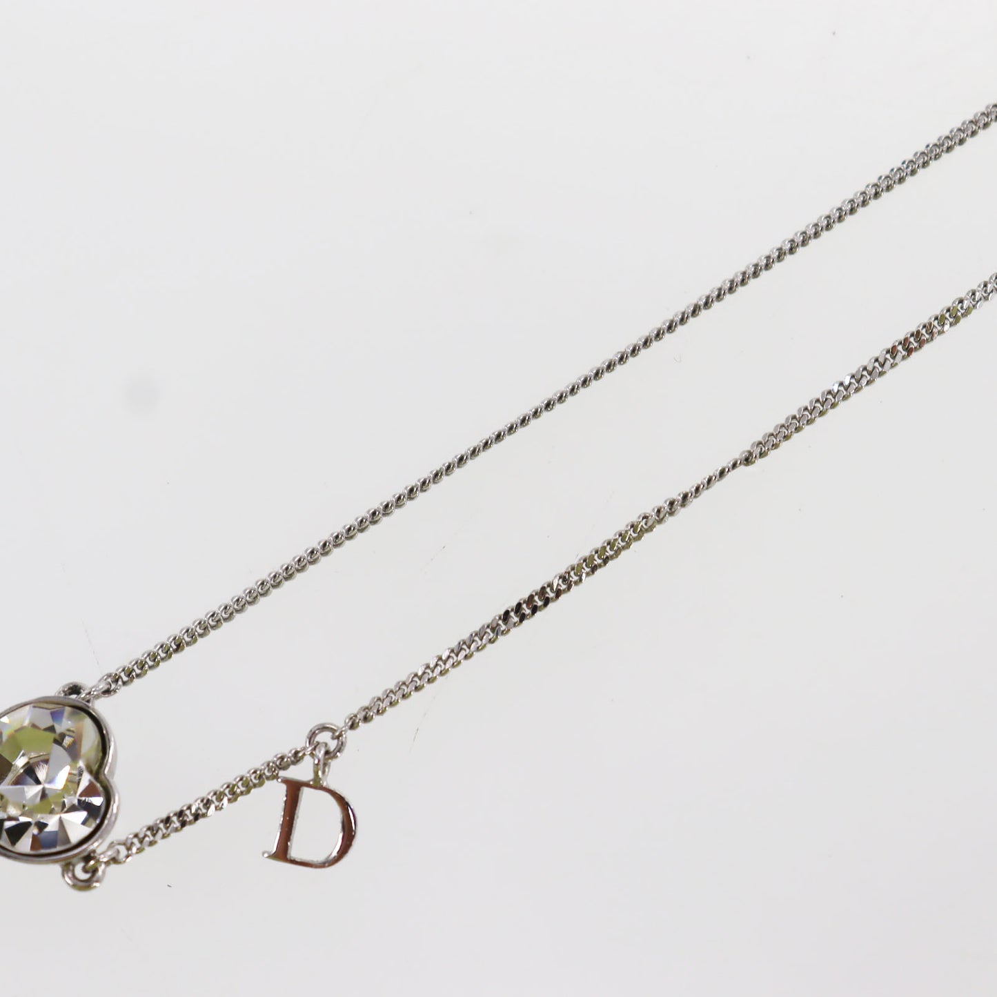 Christian Dior Heart Rhinestones Chain Necklace Silver #ED16