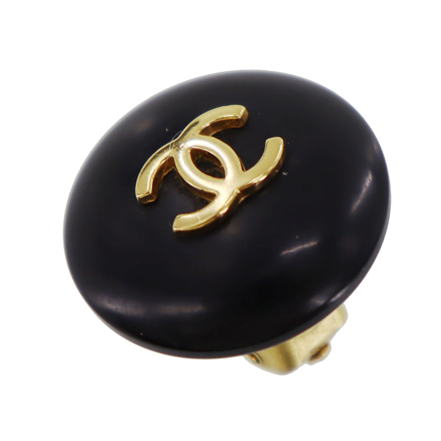 CHANEL Logos Earrings Gold Black Clip-On 95A #BK864