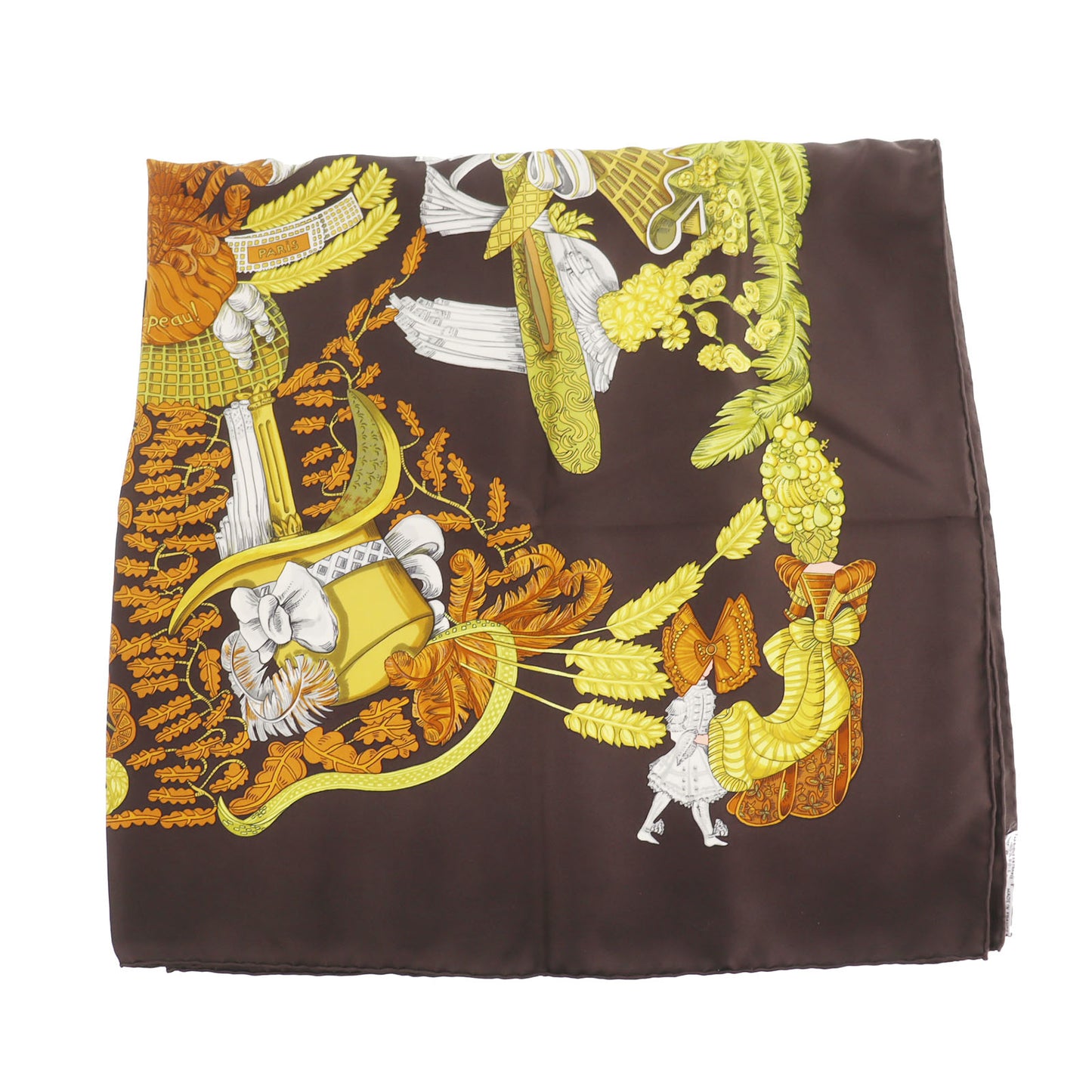 HERMES Carre 90 Logos Botanical Hat Design Silk Scarf Brown #AG543