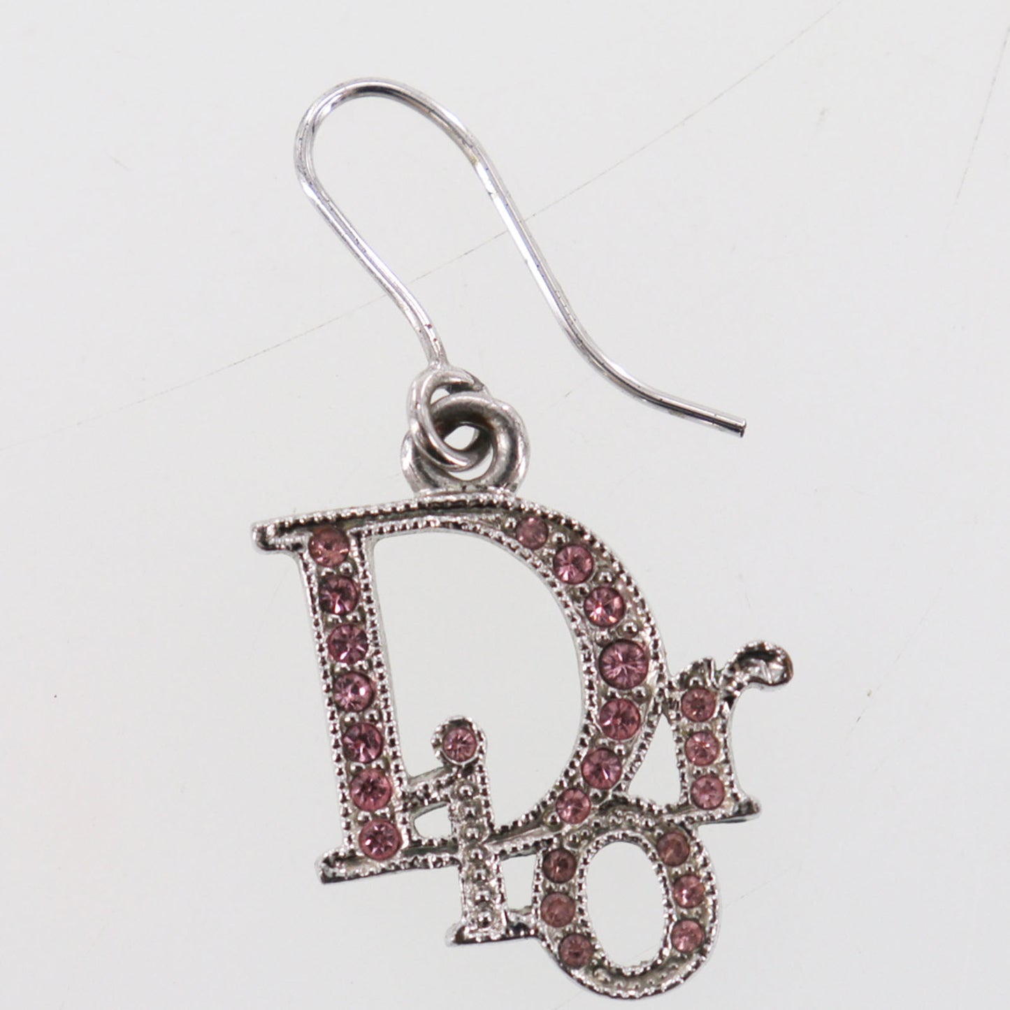 Christian Dior Logos Rhinestones Hook Pierced Earrings Silver Plated #EH4