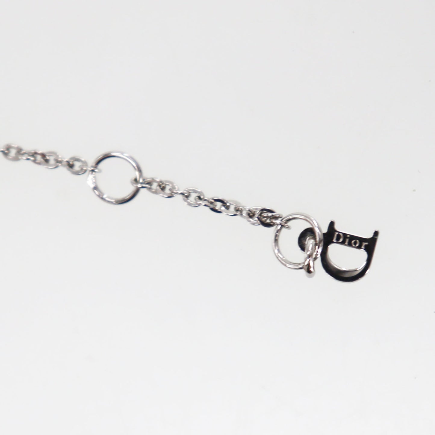 Christian Dior Logos Bow Rhinestones Chain Necklace Silver #ED578