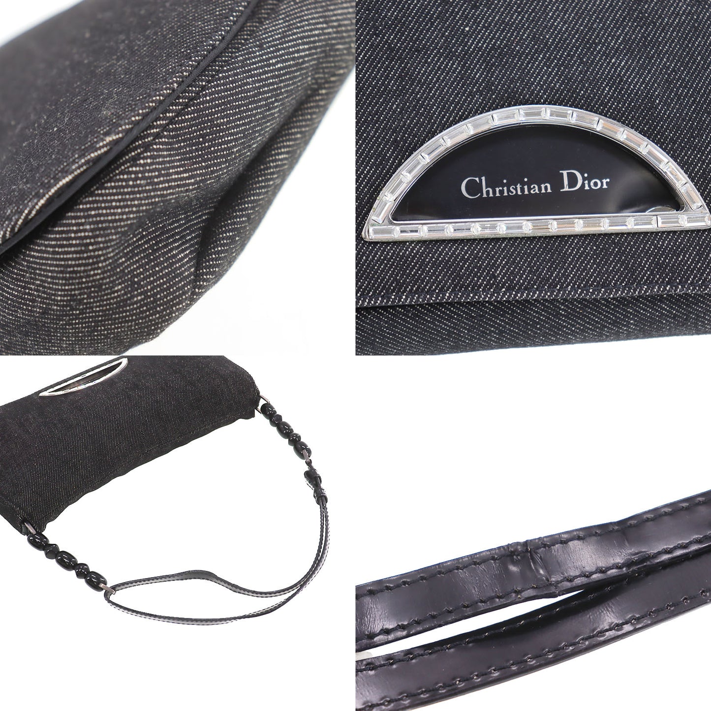 Christian Dior Maris Pearl Handbag Black Denim Canvas #CG970