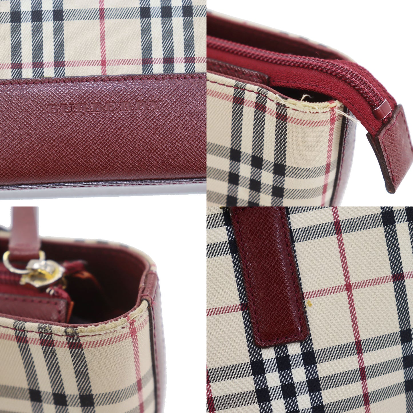 Burberry Nova Check Handbag Beige Bordeaux Canvas #BT778
