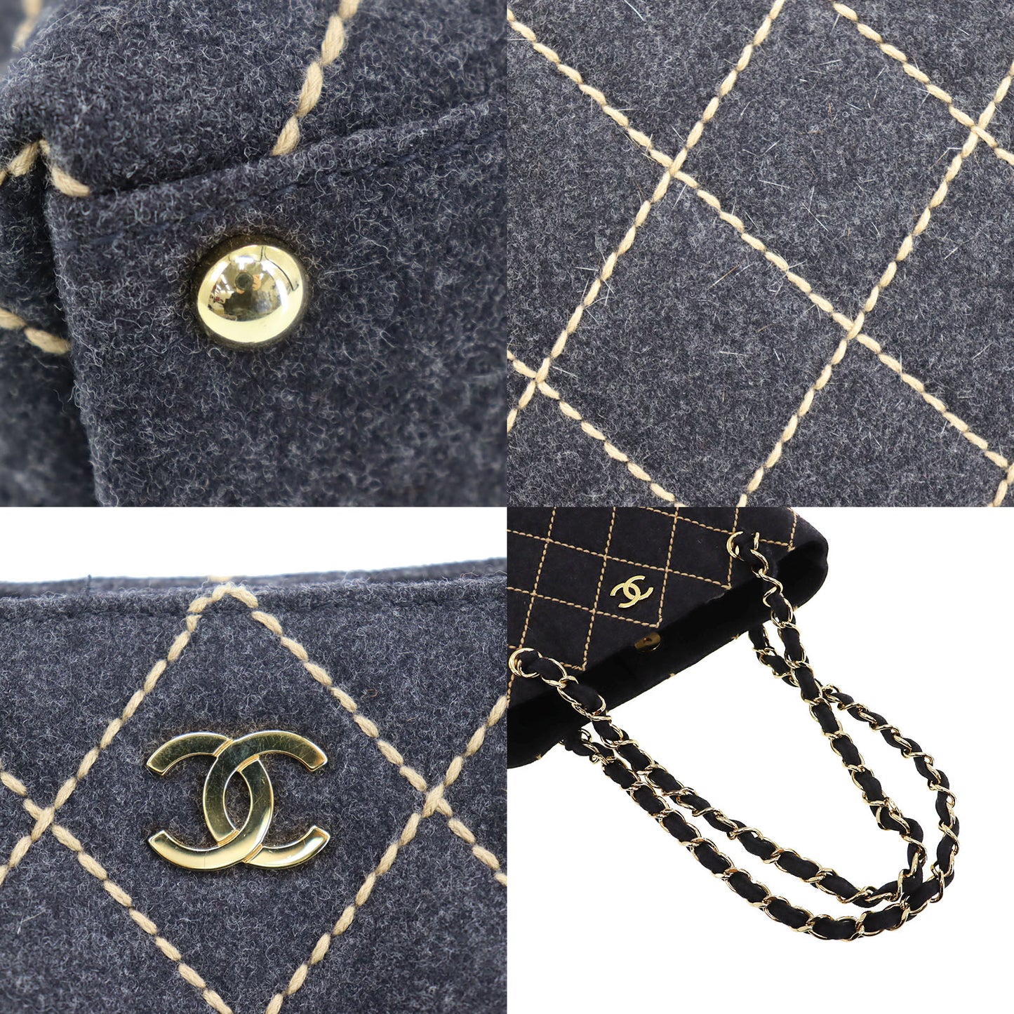 CHANEL Logos Tote Shoulder Bag Dark Gray Felt #CB789