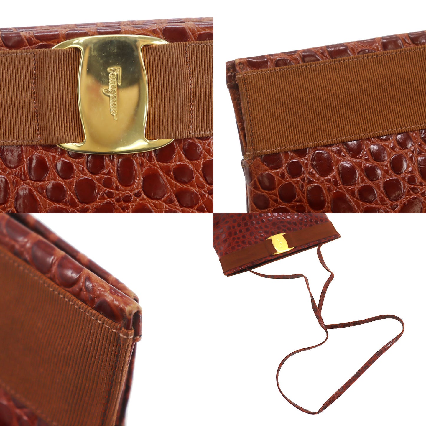 Salvatore Ferragamo 2way Clutch Shoulder Bag Brown Embossed Leather #AG164
