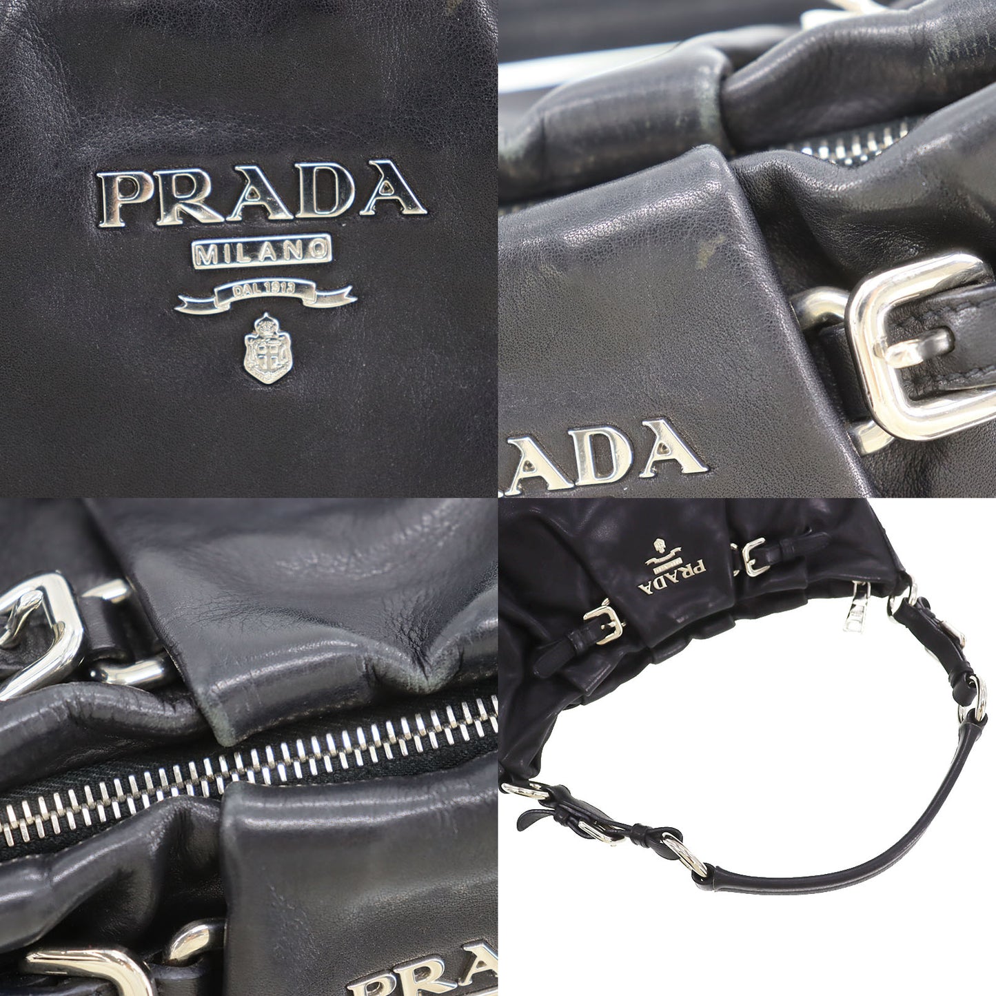 PRADA Logos Shoulder Handbag Black Leather #ED81