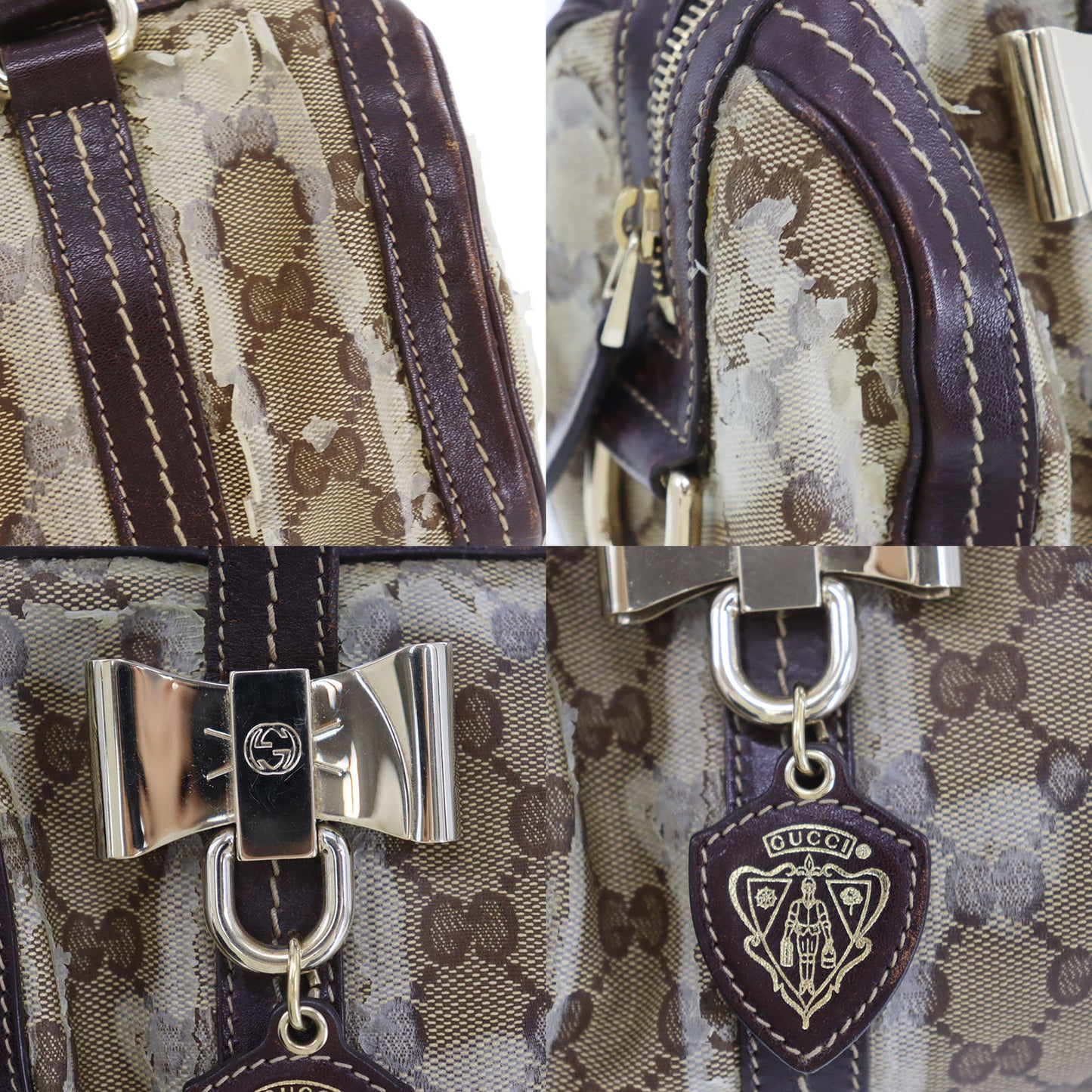 GUCCI Crystal GG Mini Boston Handbag Brown Vinyl Leather #AG692