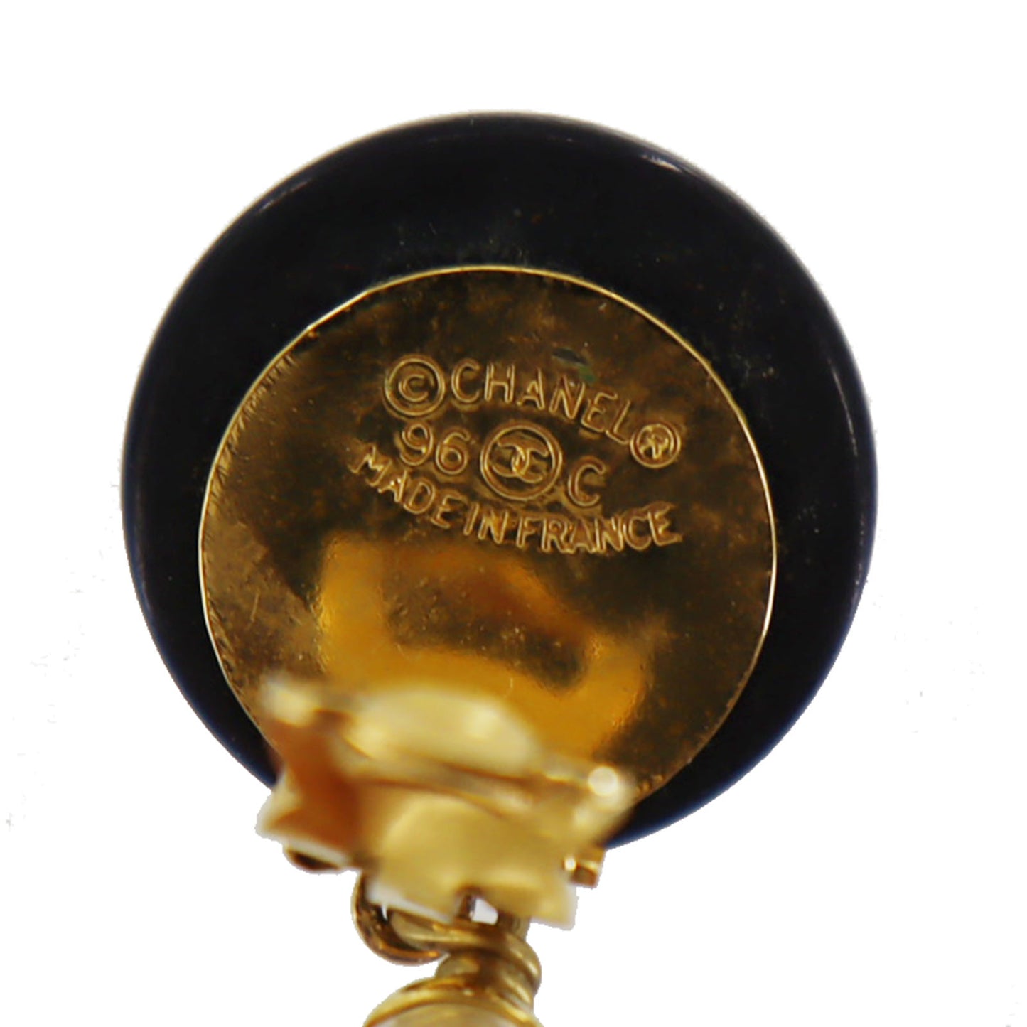 CHANEL CC Logos Pearl Earrings Black Gold Clip-On 96C #BR700