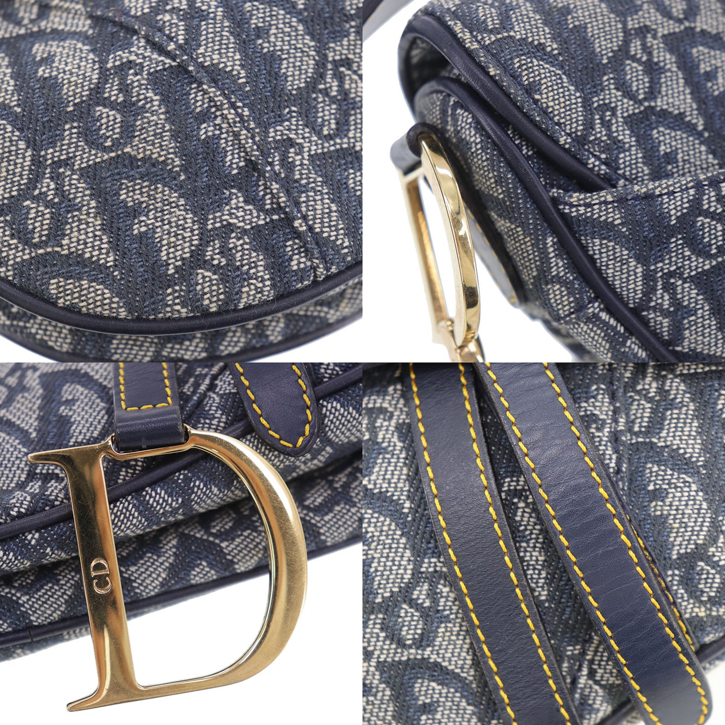 Christian Dior Trotter Saddle Shoulder Handbag Navy Canvas #EB344