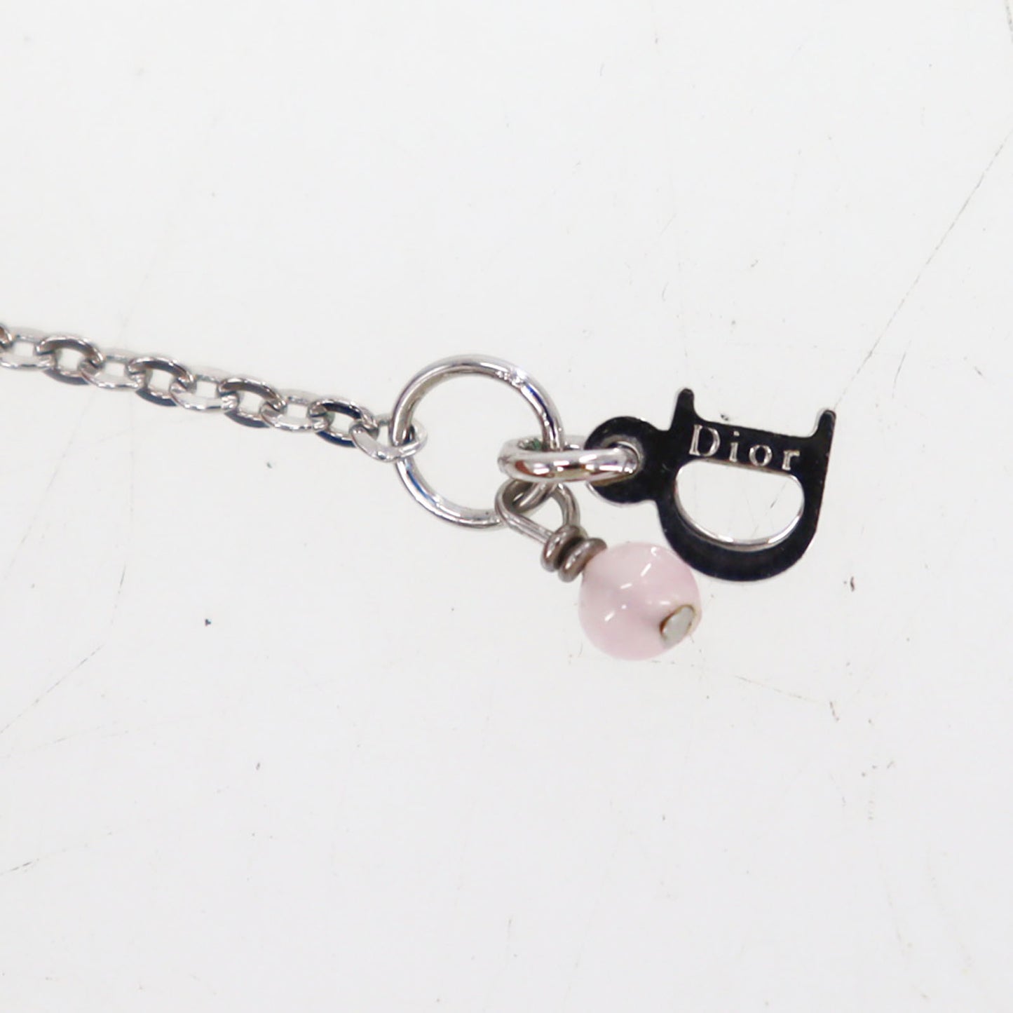 Christian Dior Logos Heart Beads Chain Necklace Silver Pink #ED570