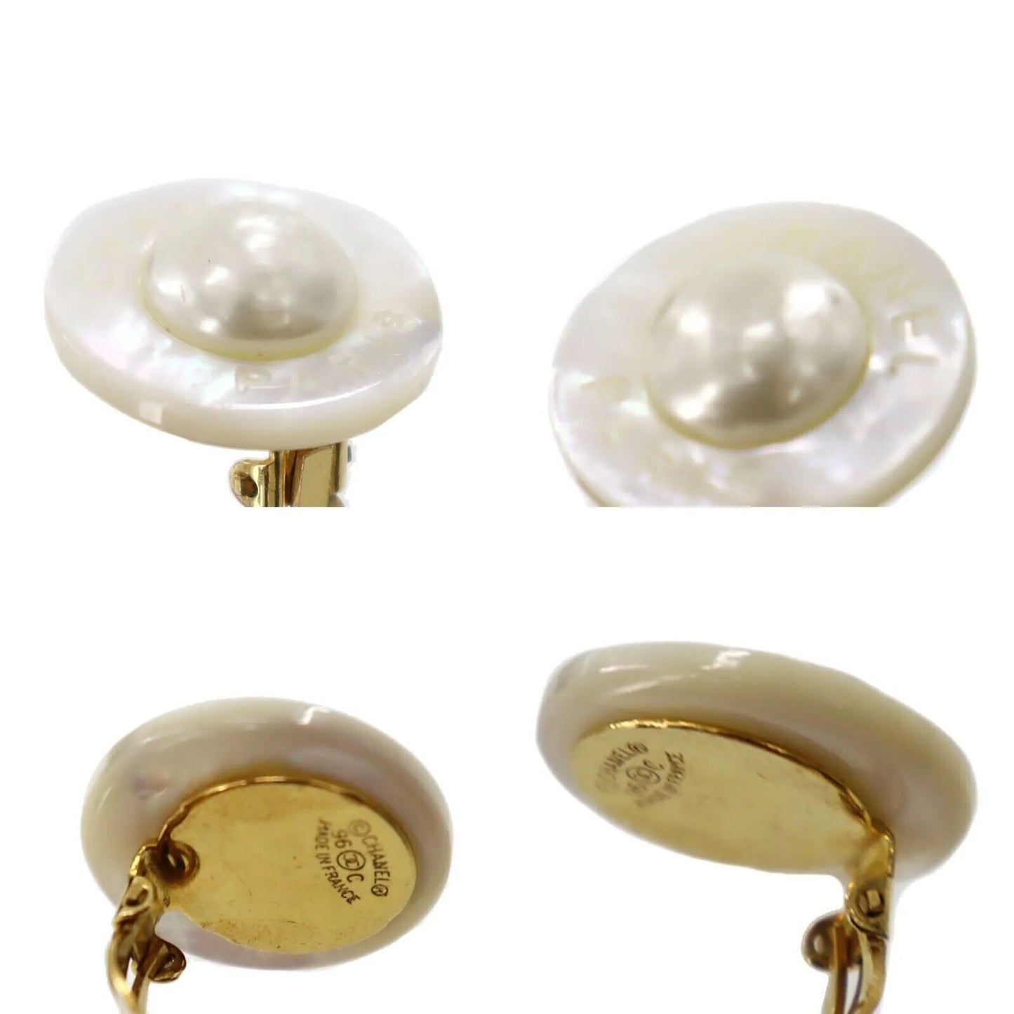 CHANEL CC Logos Circle Earrings White Clip-On 96 C #AF251