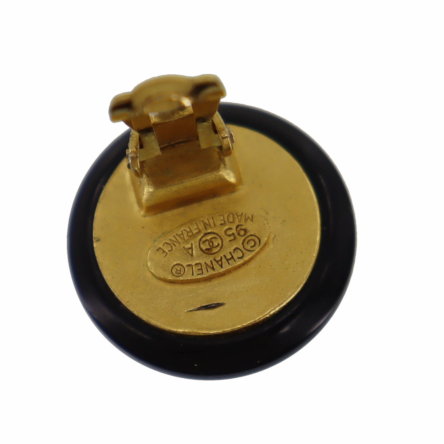 CHANEL Logos Earrings Gold Black Clip-On 95A #BK864
