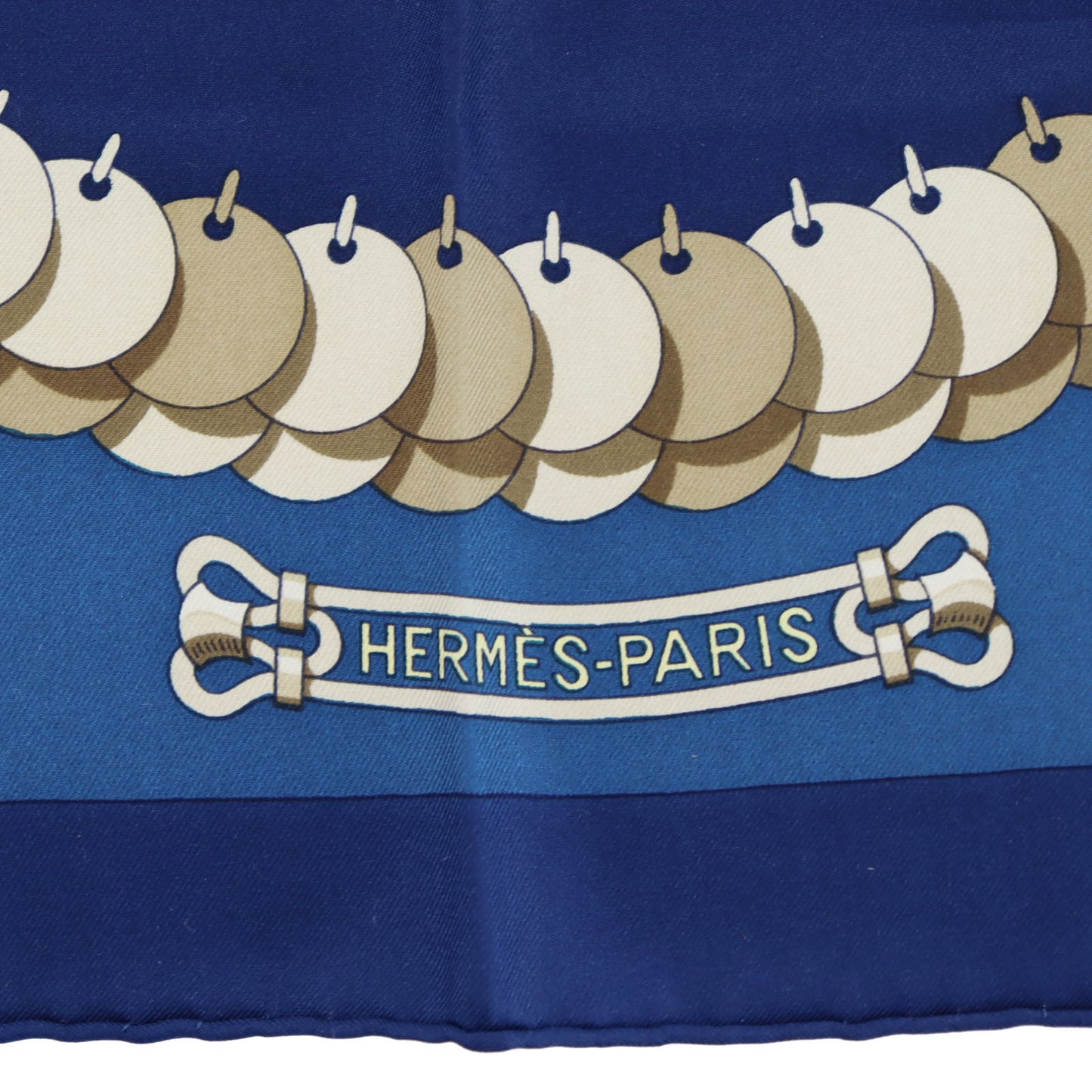 HERMES Logos Jewelry Design Large Scarf Blue 100% Silk #BY629