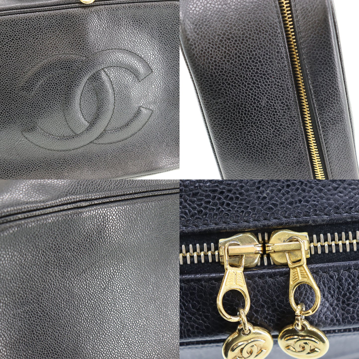 CHANEL CC Shoulder Handbag Vanity Black Caviar Skin Leather #CD668