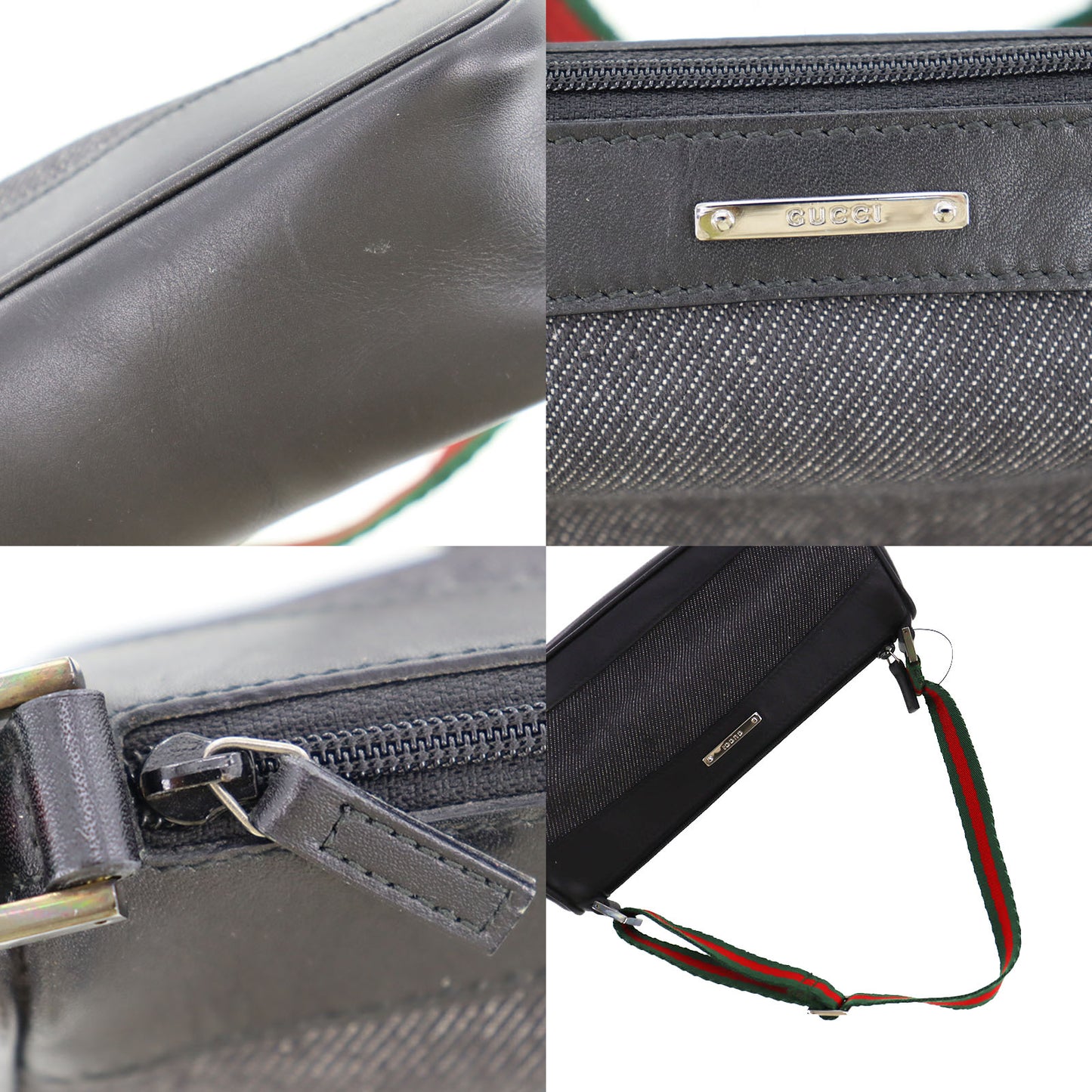 GUCCI Logos Web Stripe Small Handbag Black Canvas Leather #AH366