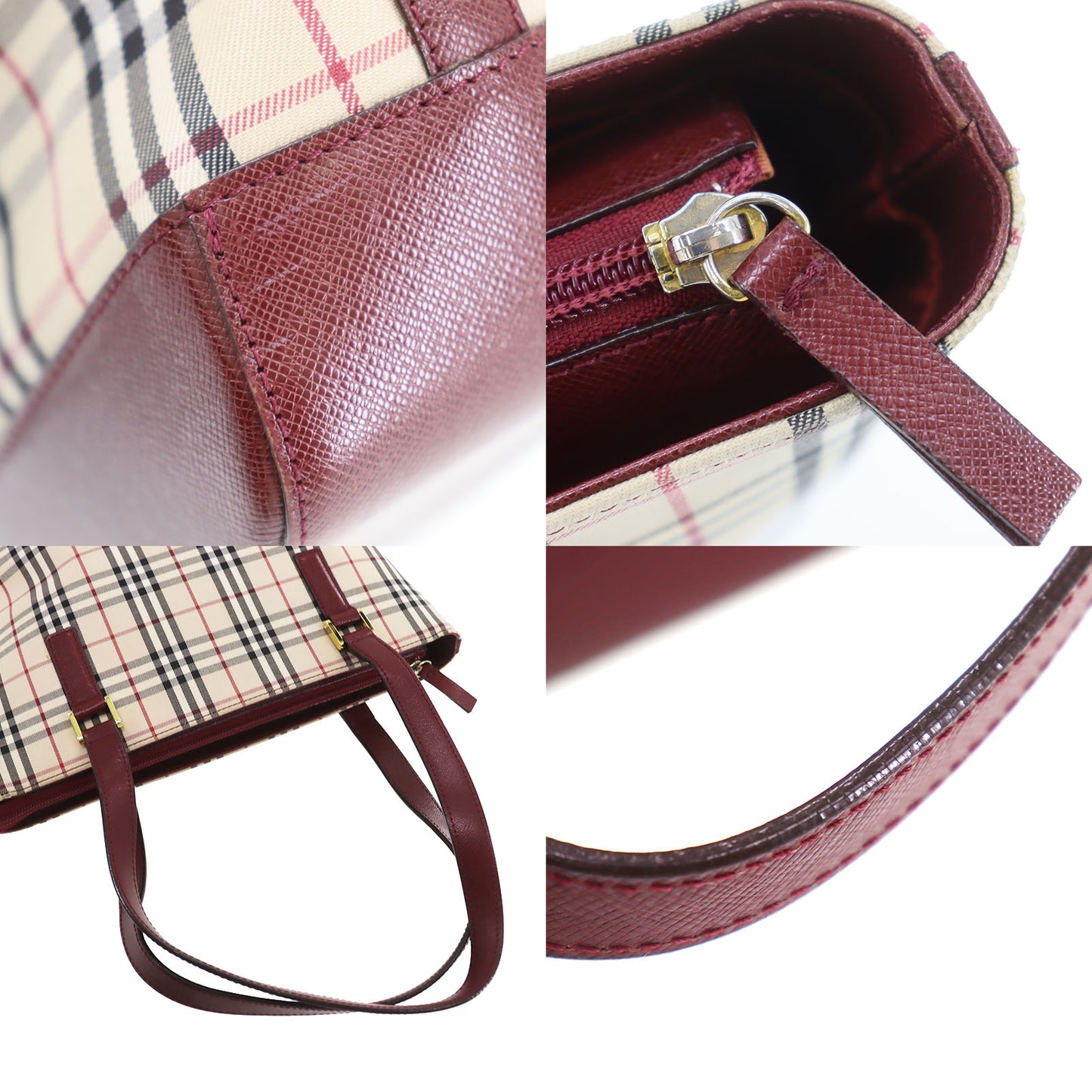 Burberry Nova Check Handbag Beige Bordeaux Canvas #BT778