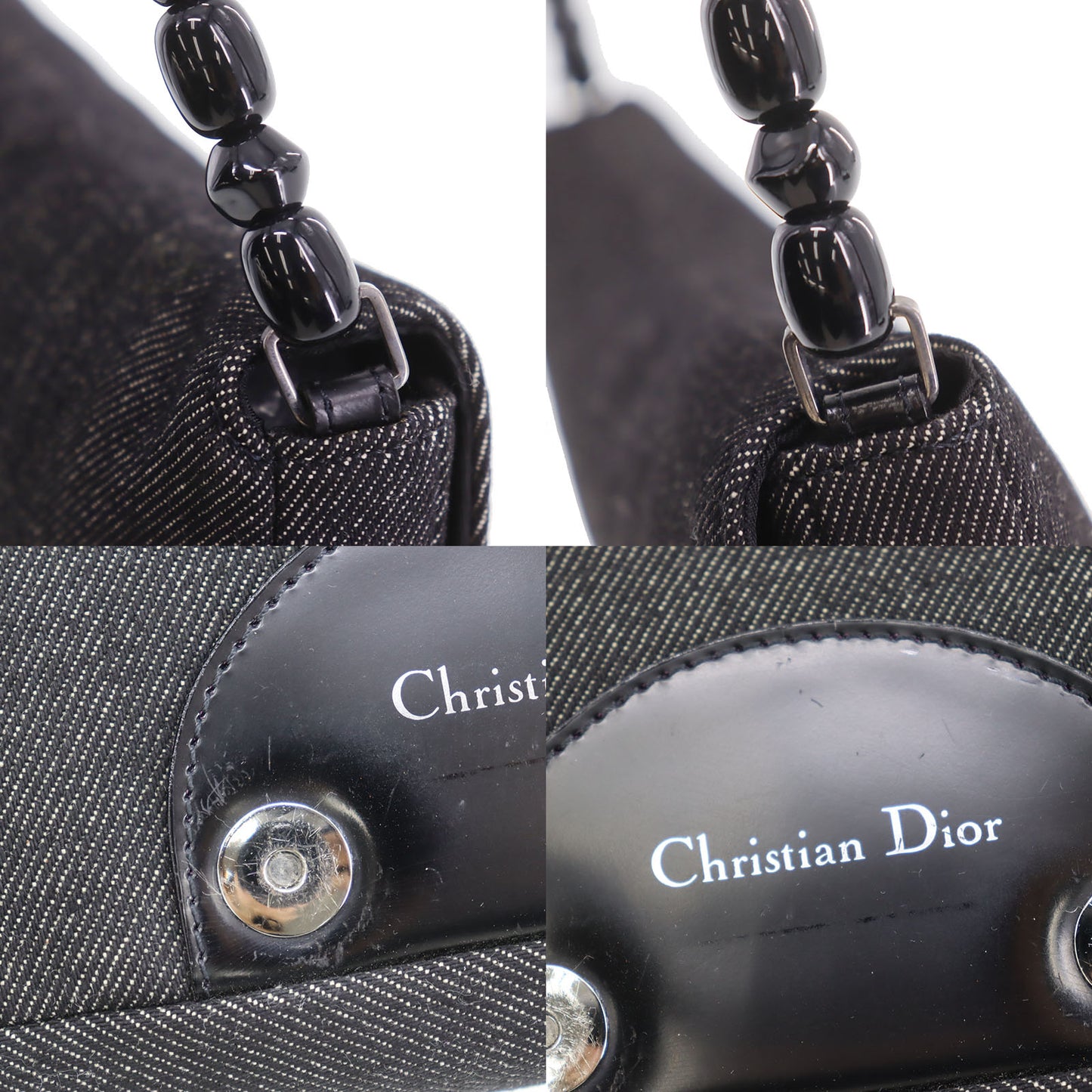 Christian Dior Maris Pearl Handbag Black Denim Canvas #CG970