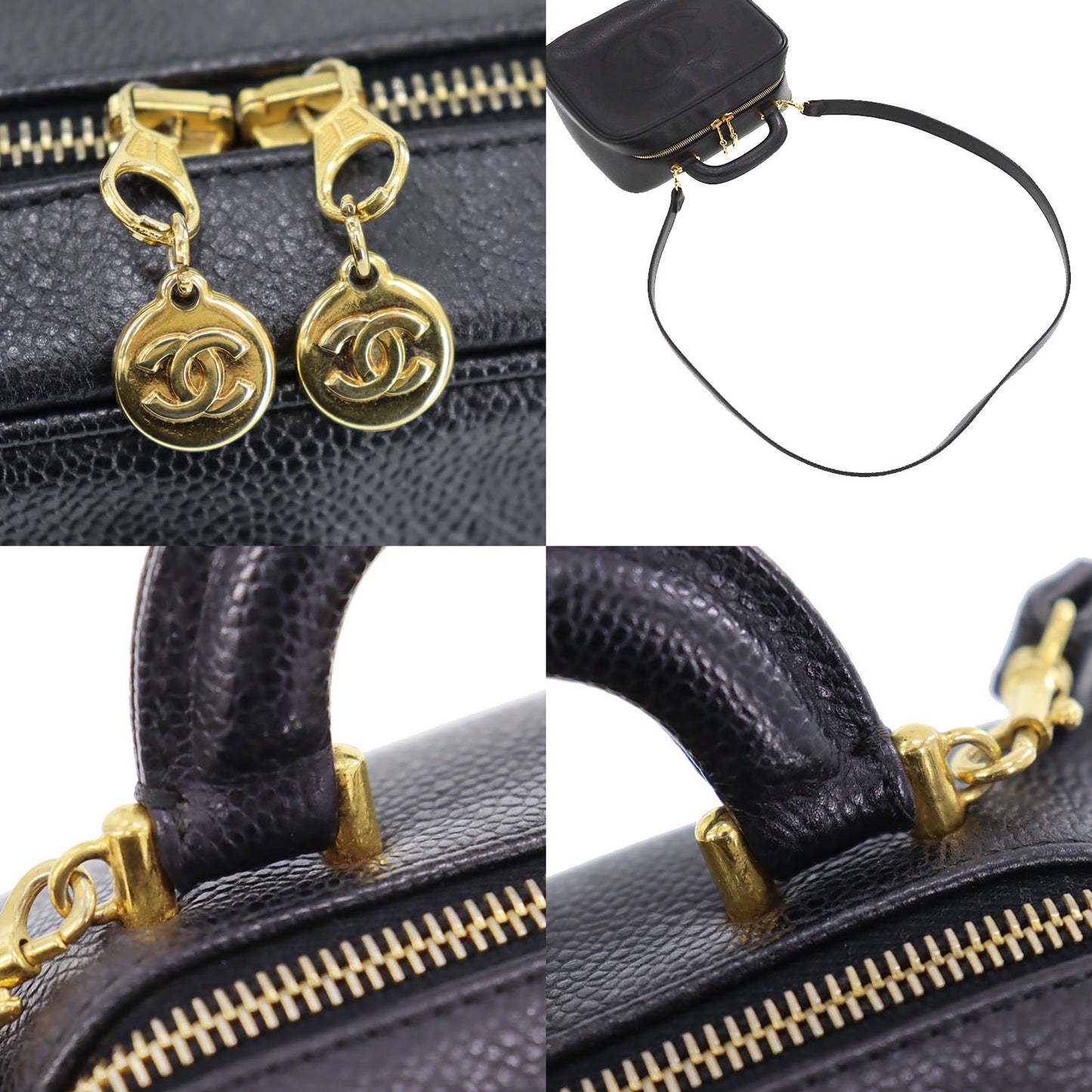 CHANEL CC Shoulder Handbag Vanity Black Caviar Skin Leather #CD668