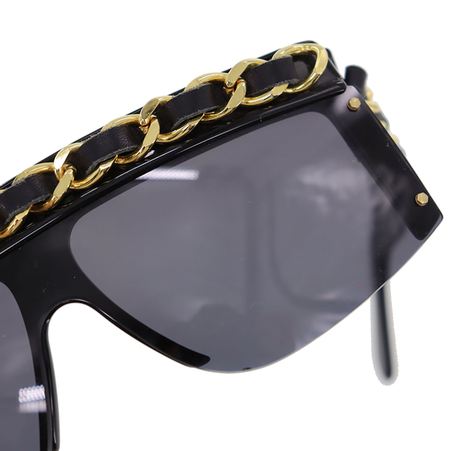 CHANEL Chain Sunglasses Black Shield Eye Wear #BZ506
