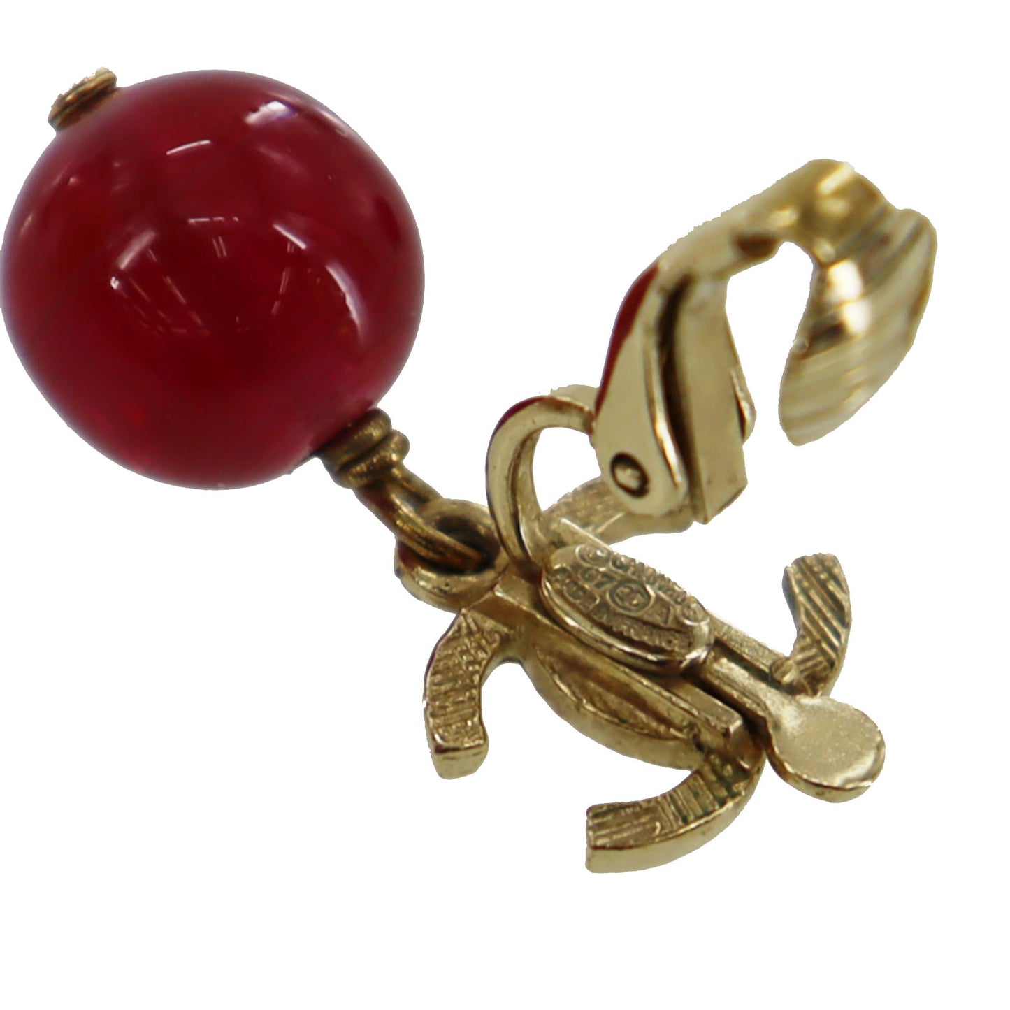 CHANEL CC Circle Logos Stone Earrings Gold Red Clip-On #AF990