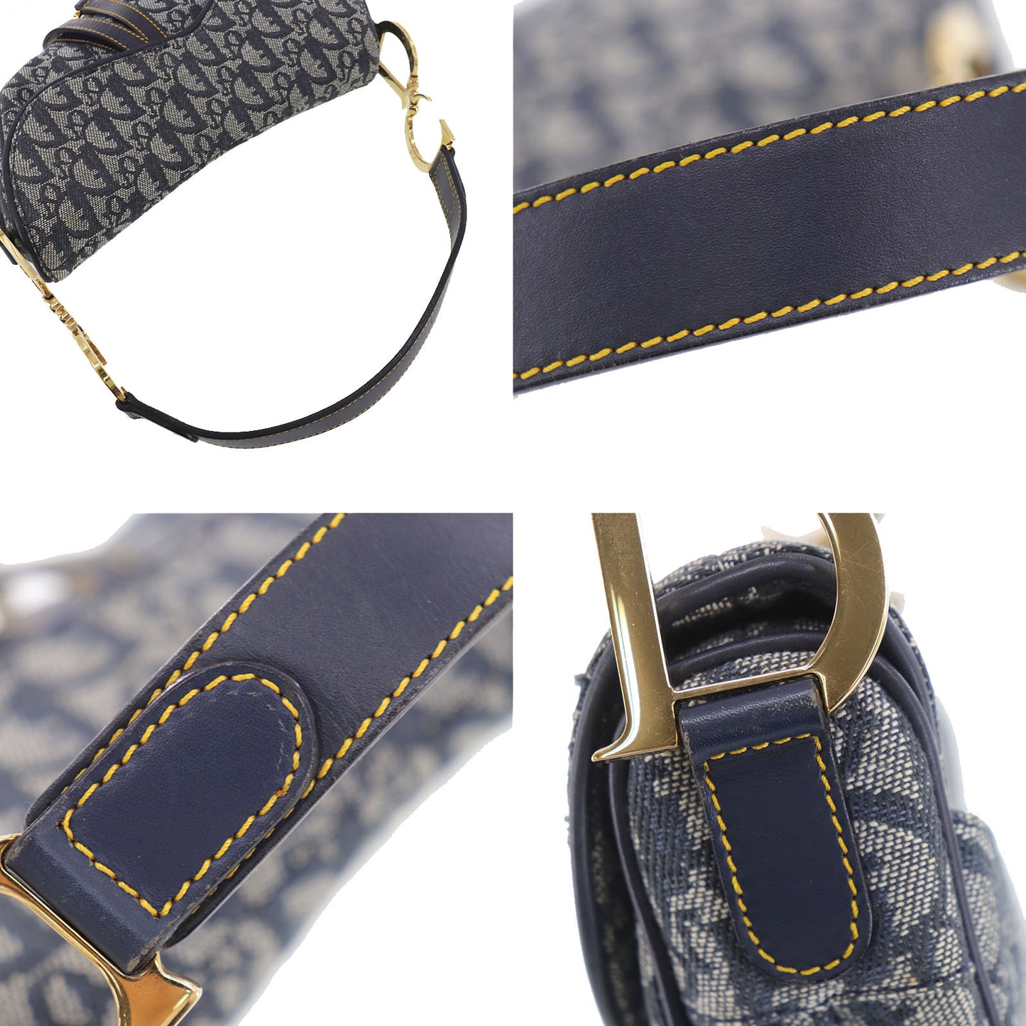 Christian Dior Trotter Saddle Shoulder Handbag Navy Canvas #EB344