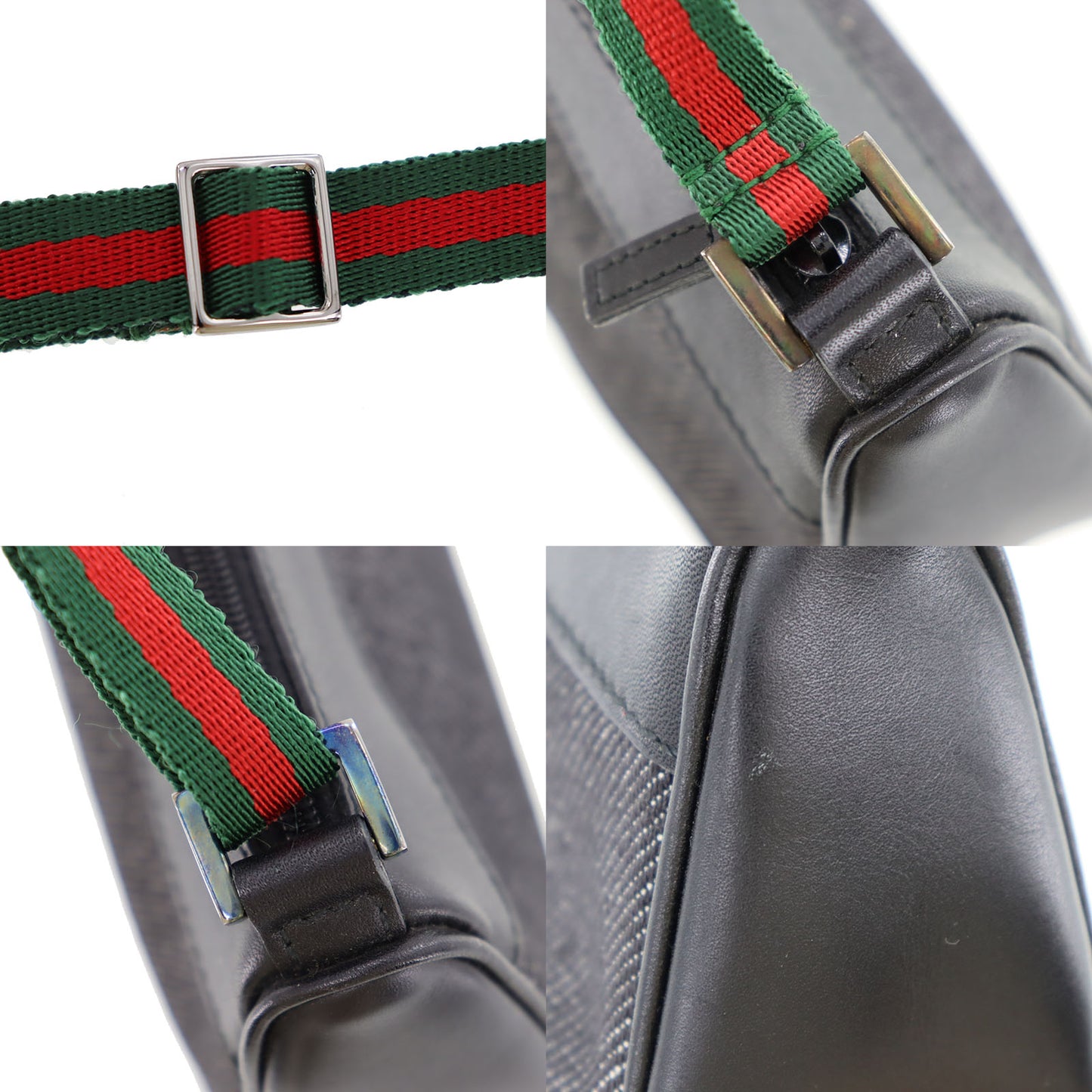 GUCCI Logos Web Stripe Small Handbag Black Canvas Leather #AH366