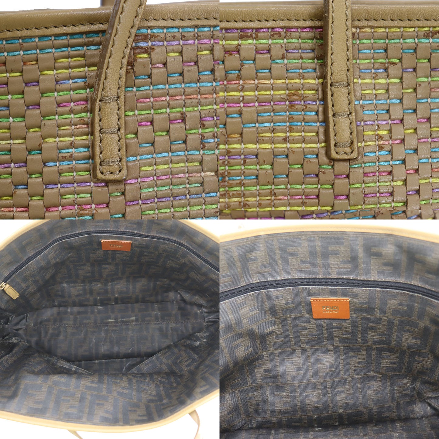 FENDI Zucca Braided Shoulder Tote Bag Beige Leather Vinage #AG96