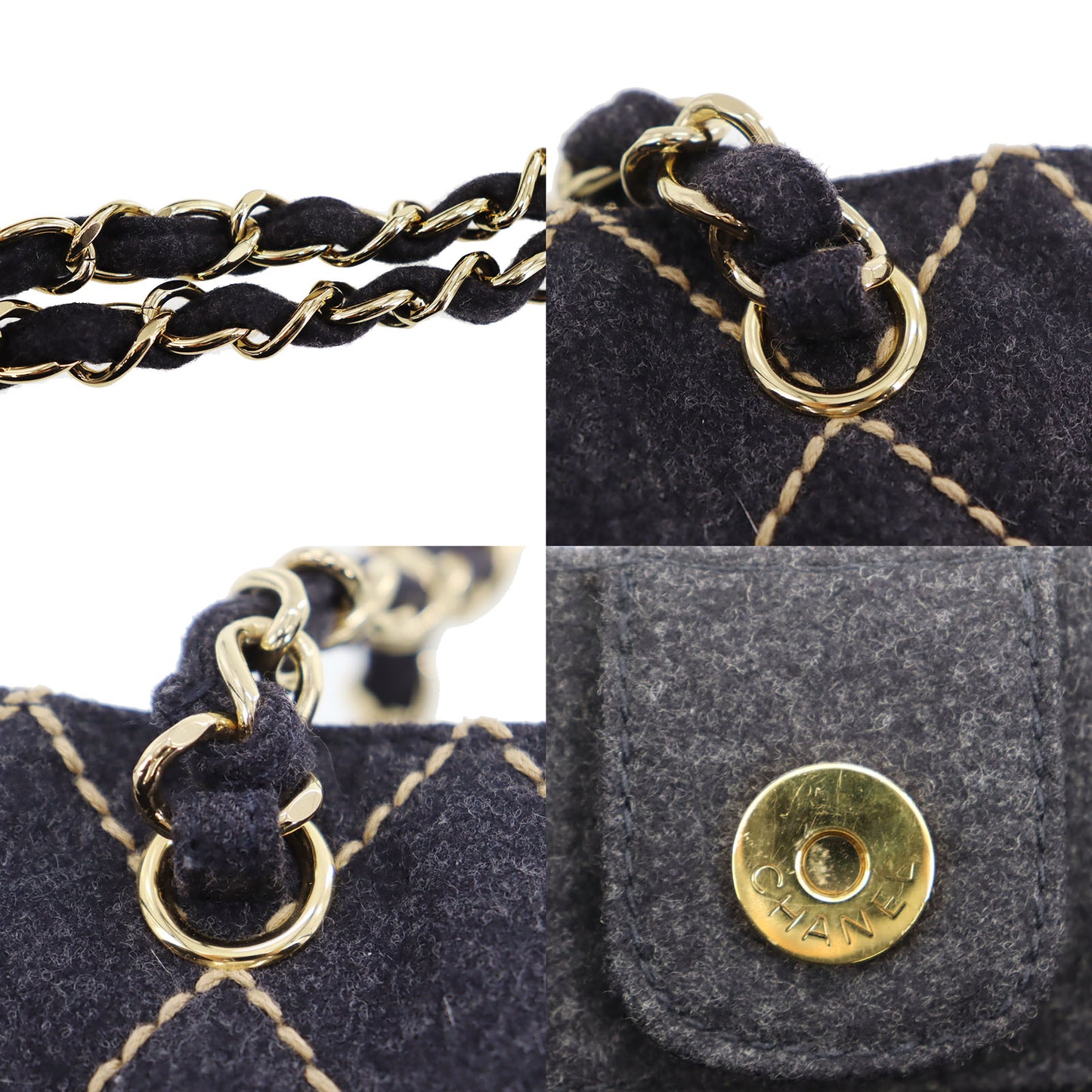 CHANEL Logos Tote Shoulder Bag Dark Gray Felt #CB789