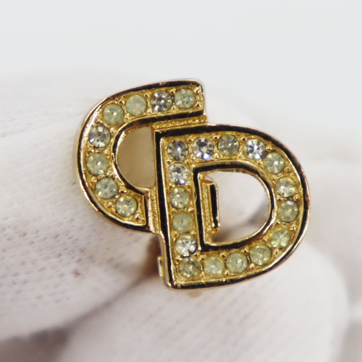 Christian Dior CD Logos Rhinestone Earrings Gold Plated #CB383