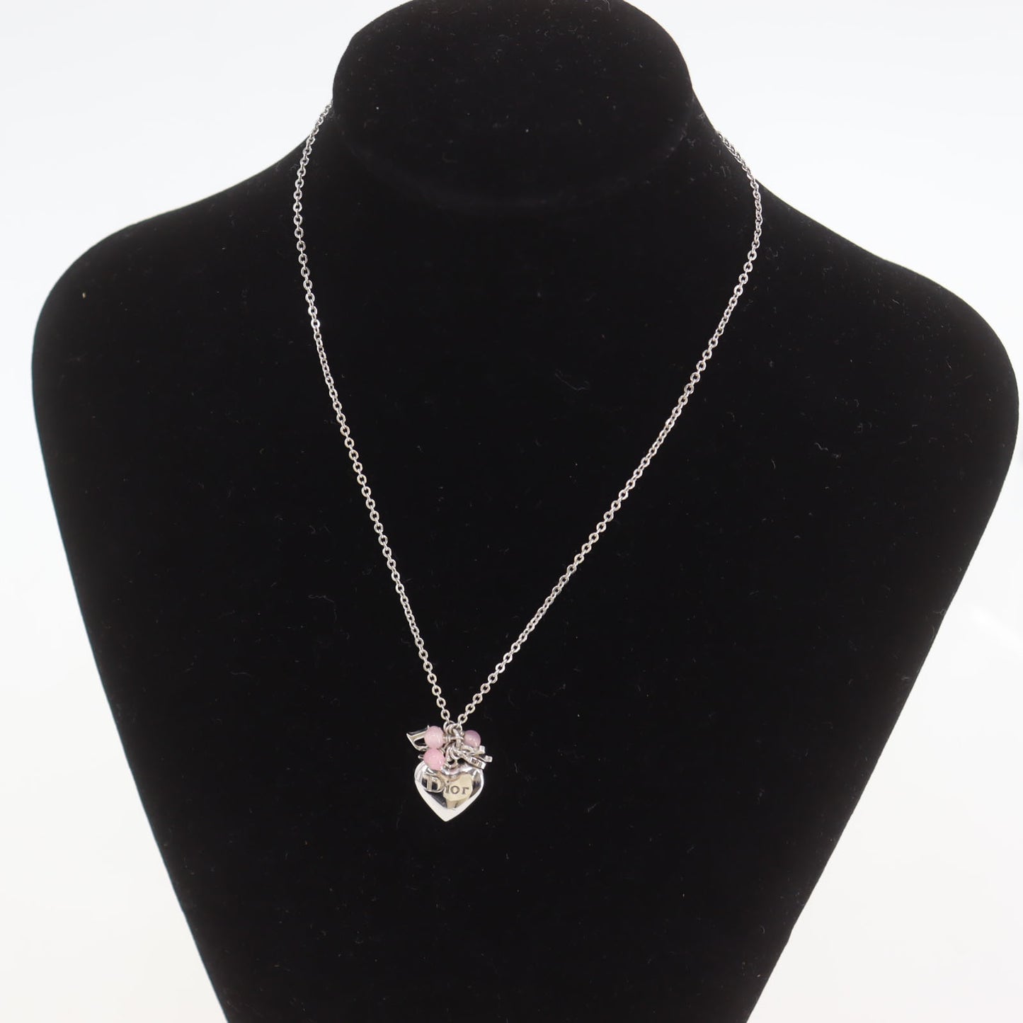 Christian Dior Logos Heart Beads Chain Necklace Silver Pink #ED570