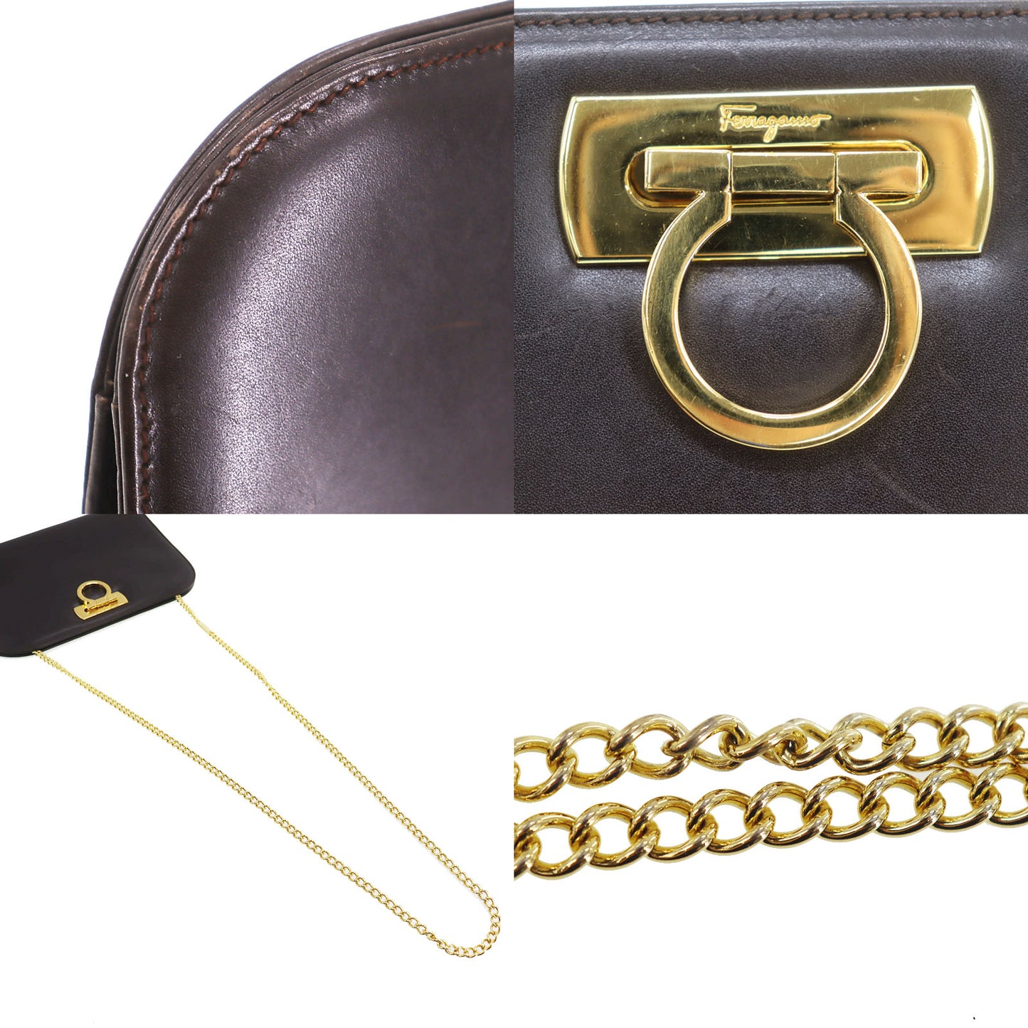 Salvatore Ferragamo Gancini 2Way Clutch Shoulder Bag Brown Leather #AG134