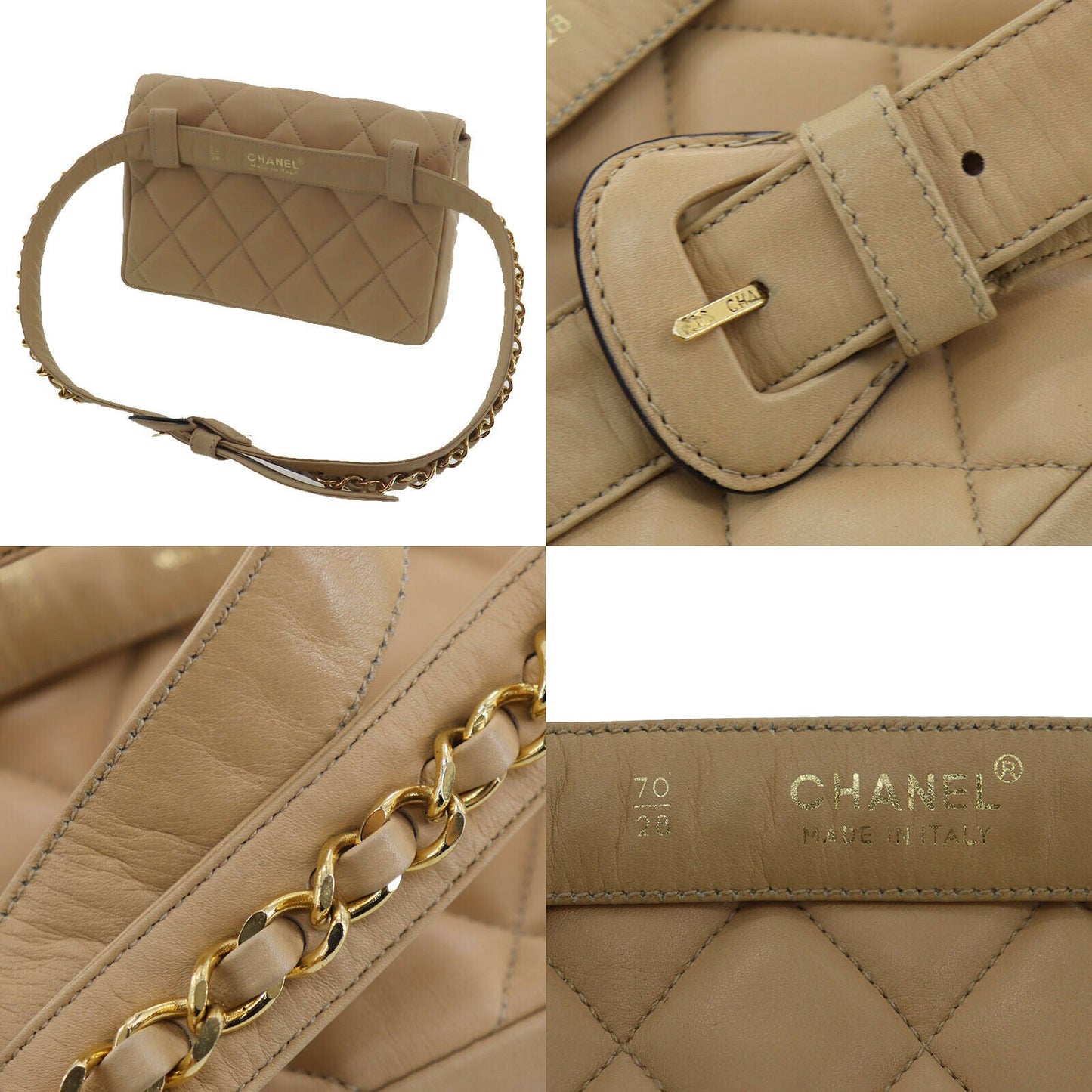 CHANEL Quilted Bum Bag Beige Lambskin Leather #AE399