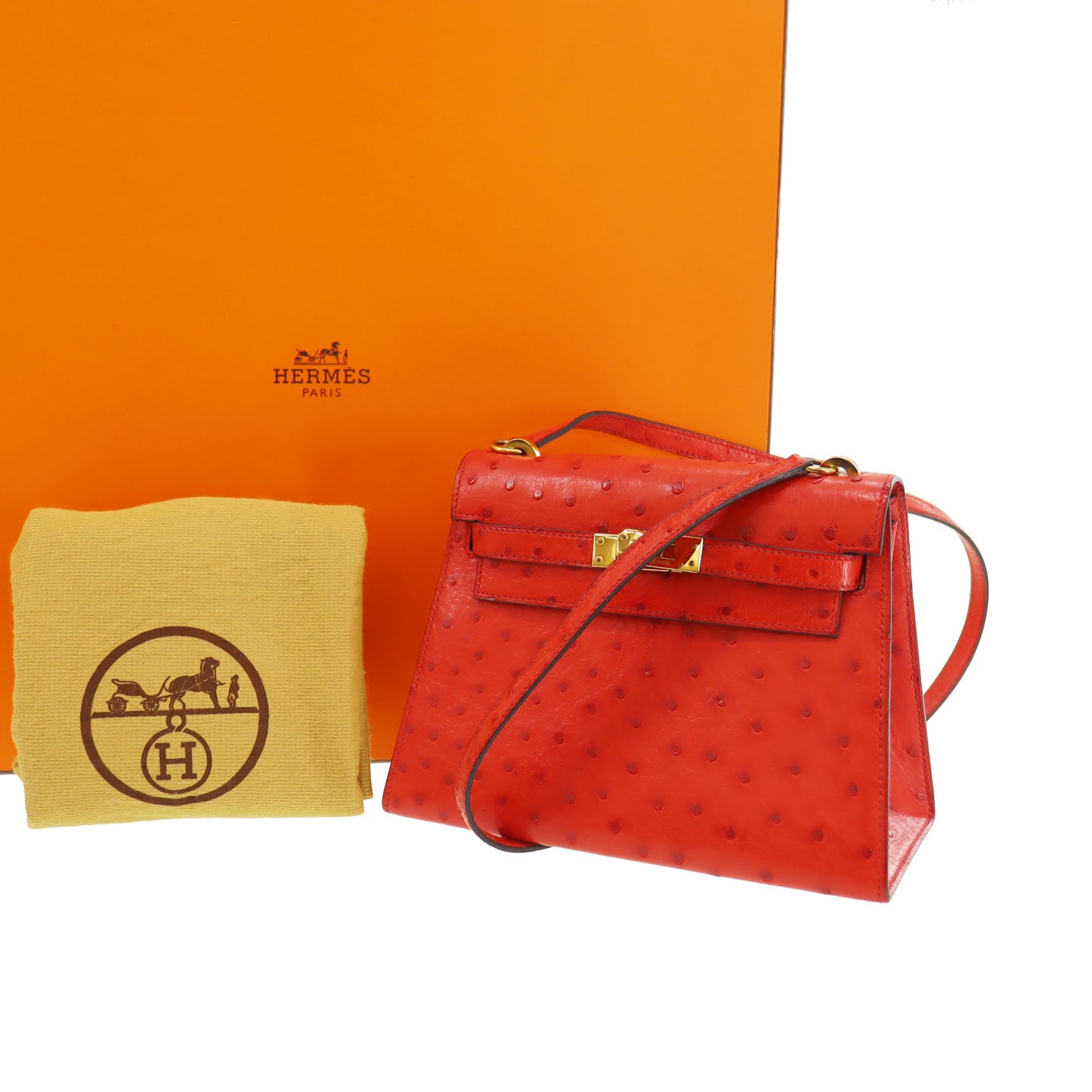 HERMES Mini Kelly 20 Used Shoulder Red Ostrich Leather #CN343